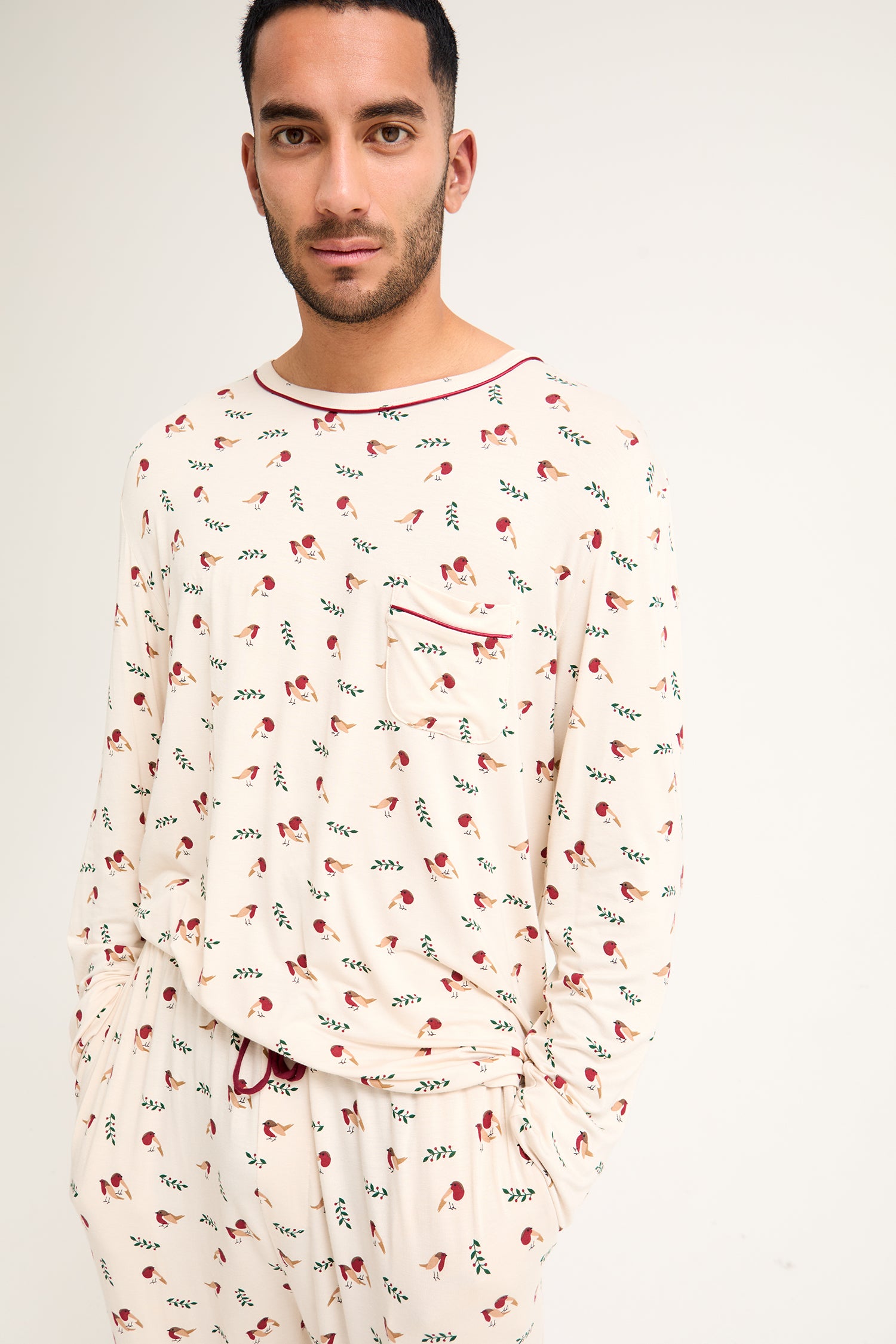 His and Hers Bamboo Festive Pyjama Set in Robin Print