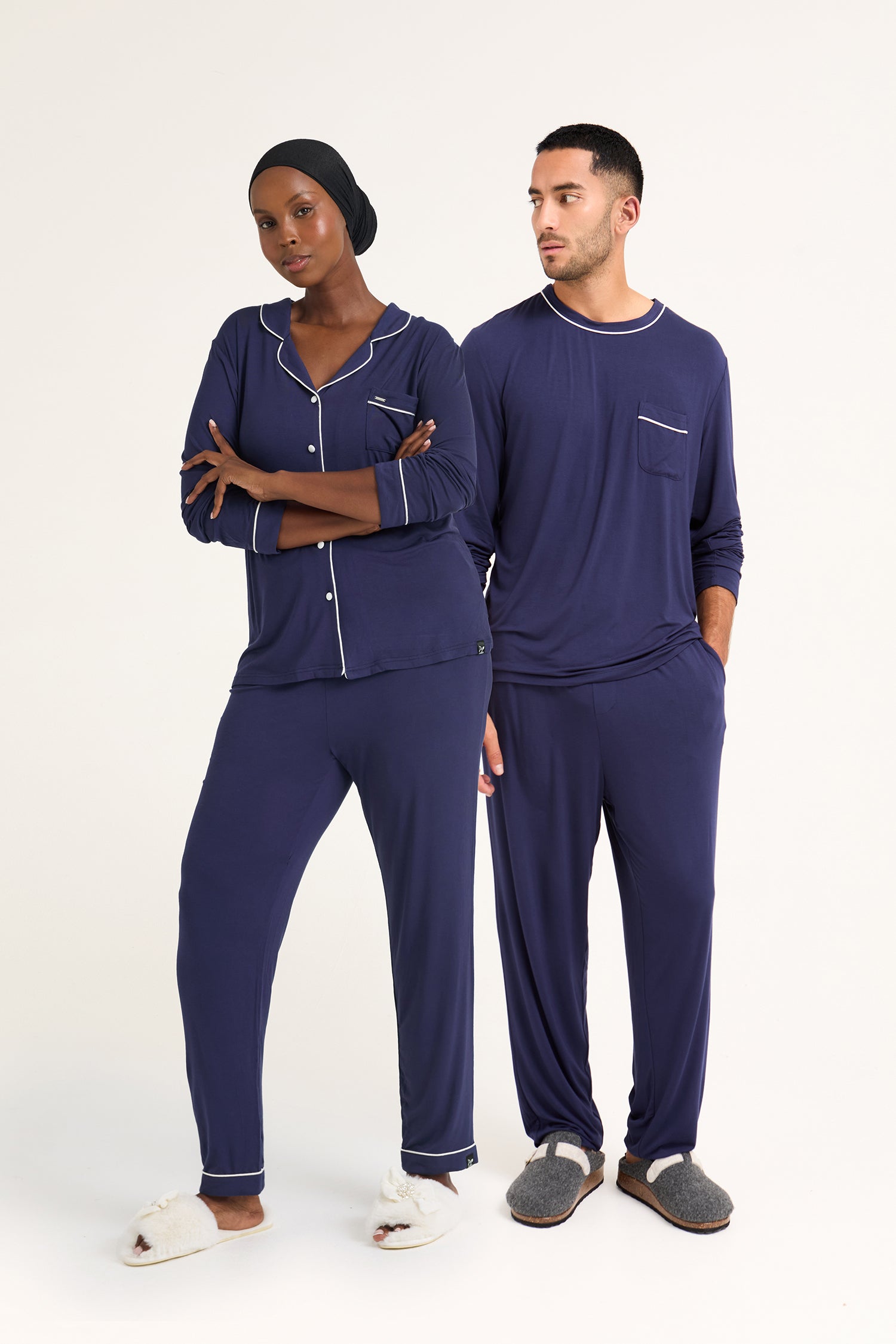 His and Hers Bamboo Pyjama Sets in Midnight
