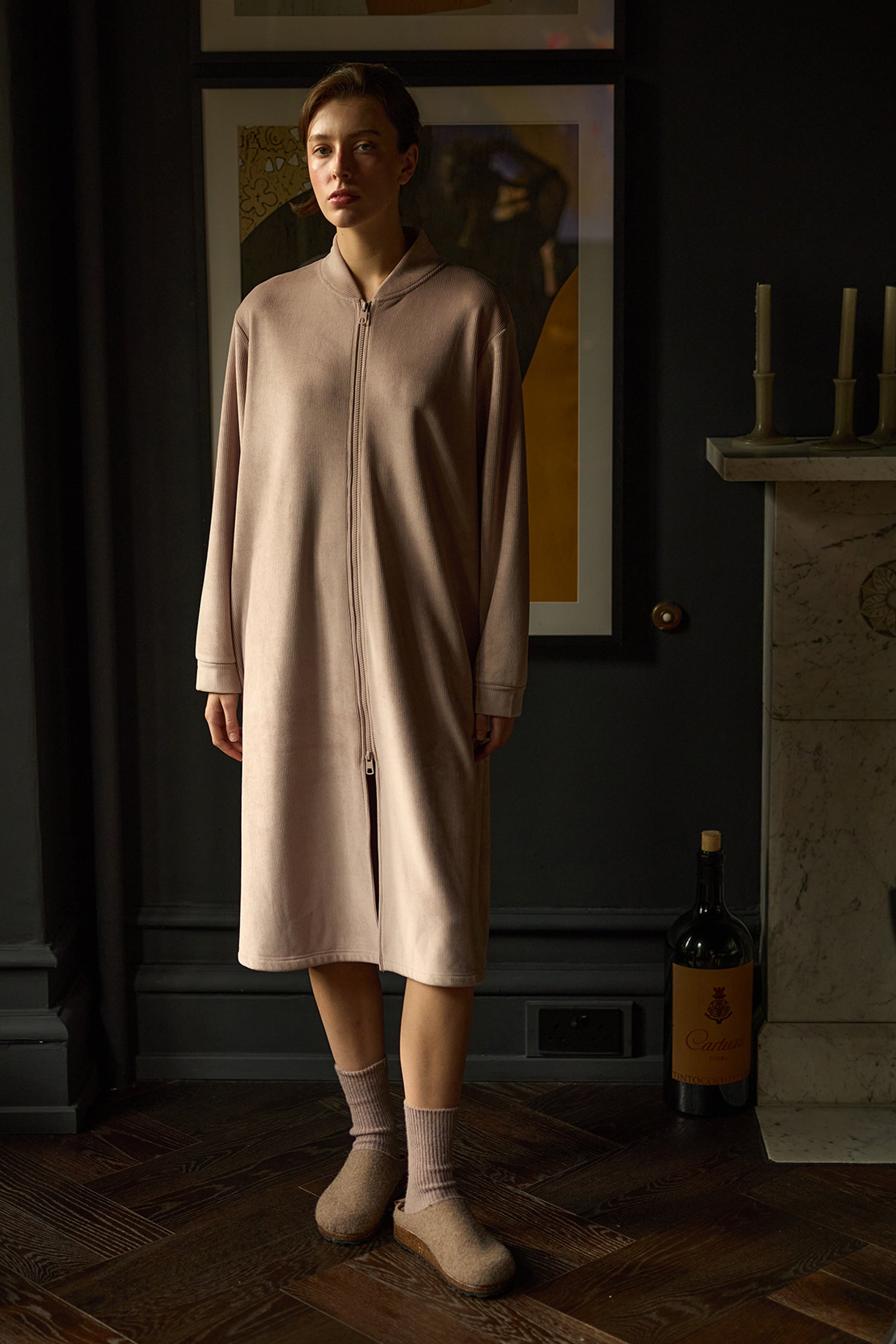 Ribbed Zip Front Housecoat in Mink