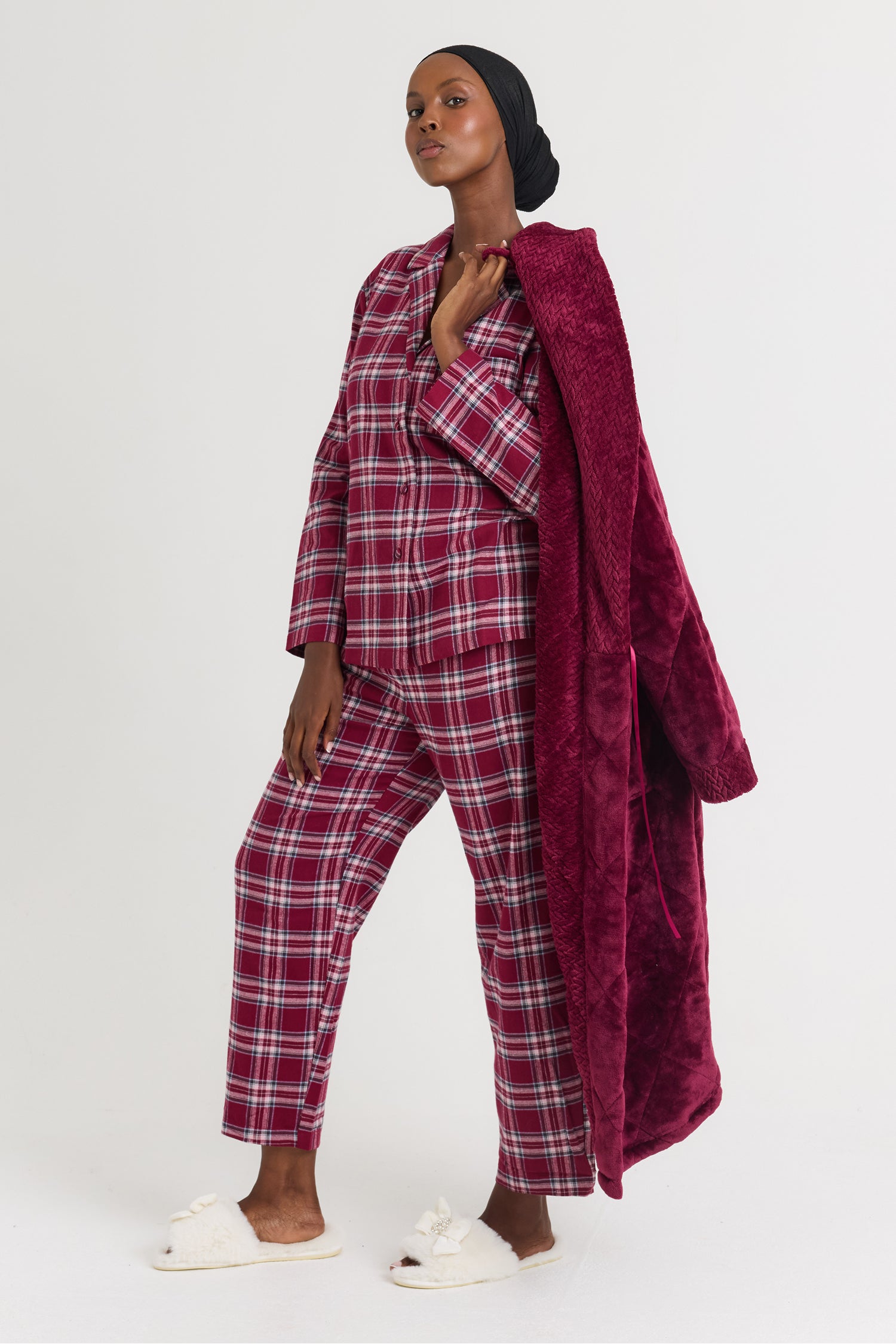 Plaid Long Pyjama Set in Bordeaux - Pajamas
