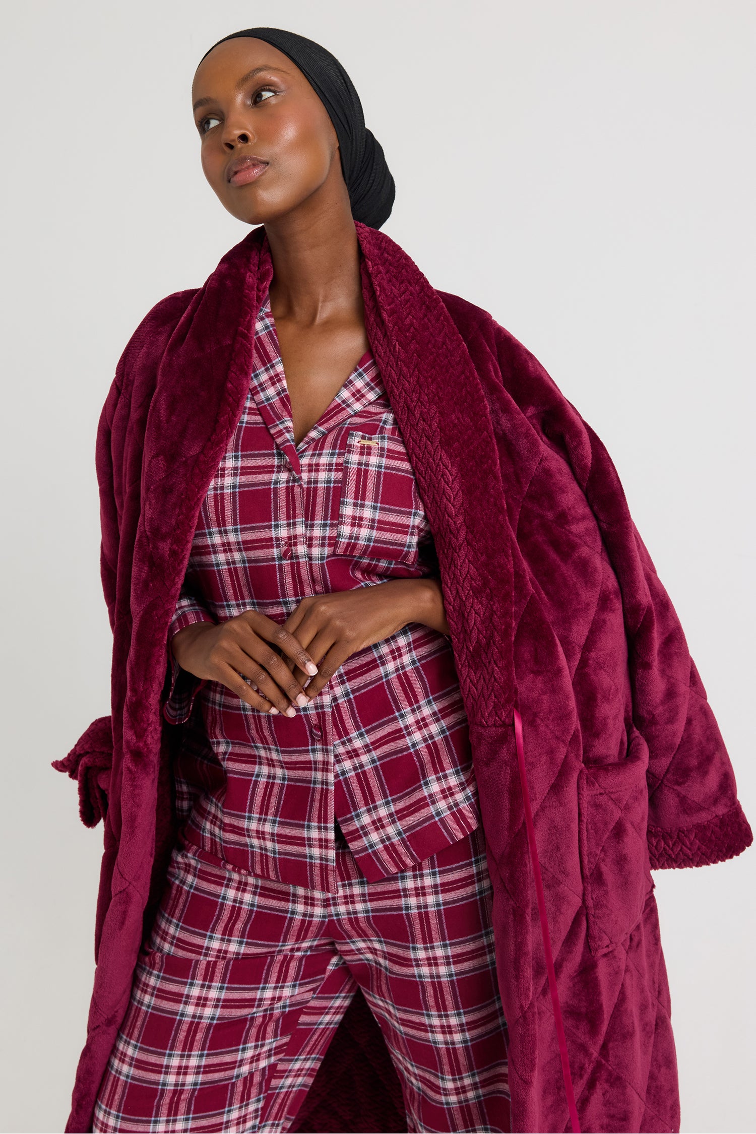 Plaid Long Pyjama Set in Bordeaux - Pajamas