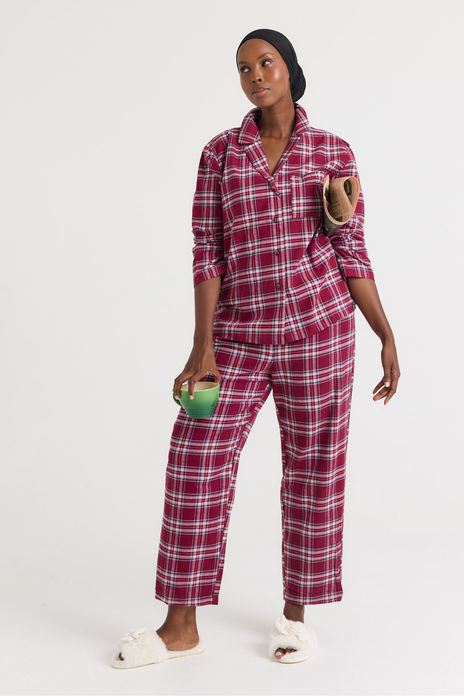 Plaid Long Pyjama Set in Bordeaux - Pajamas