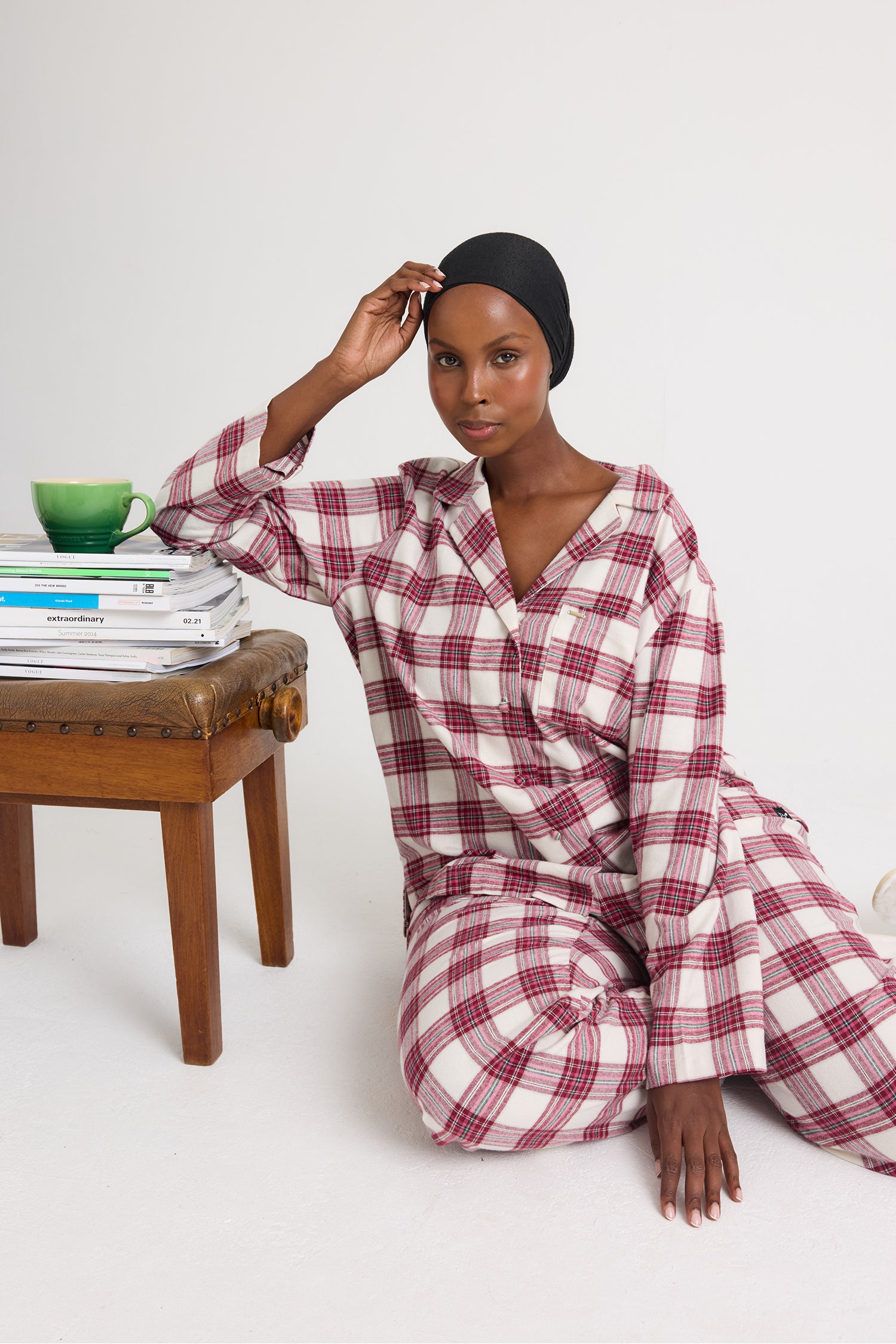 Plaid Long Pyjama Set in Stone - Pajamas