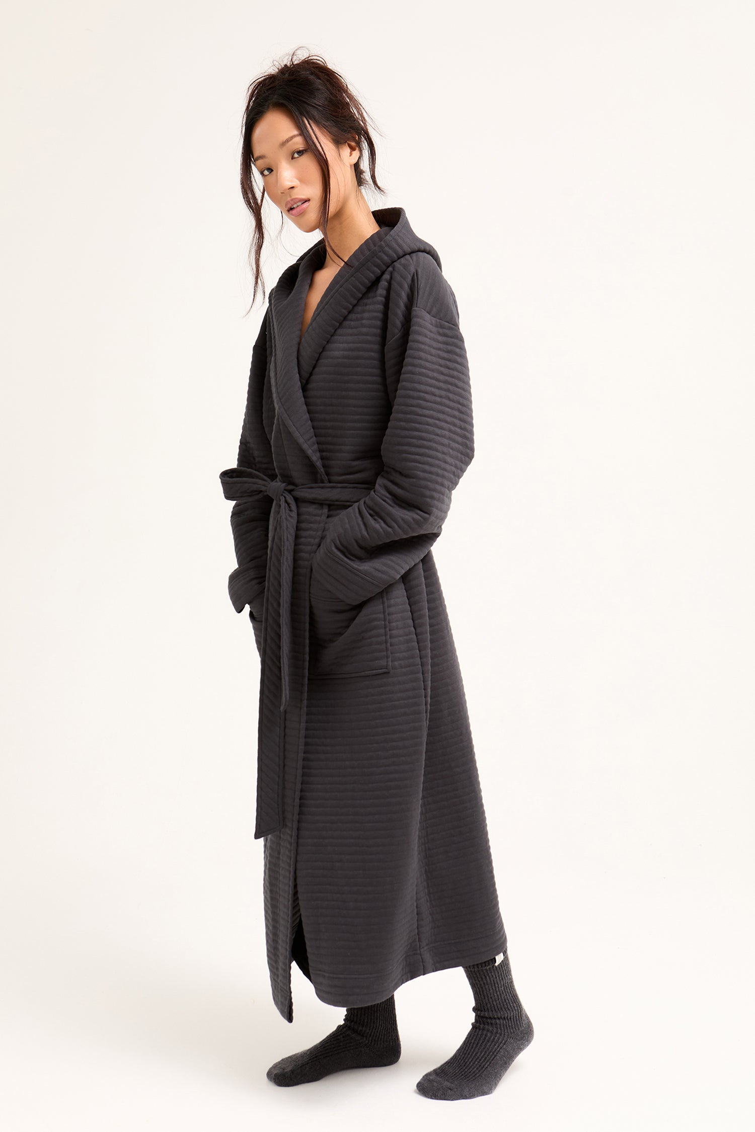 Quilted Jersey Hooded Robe in Charcoal