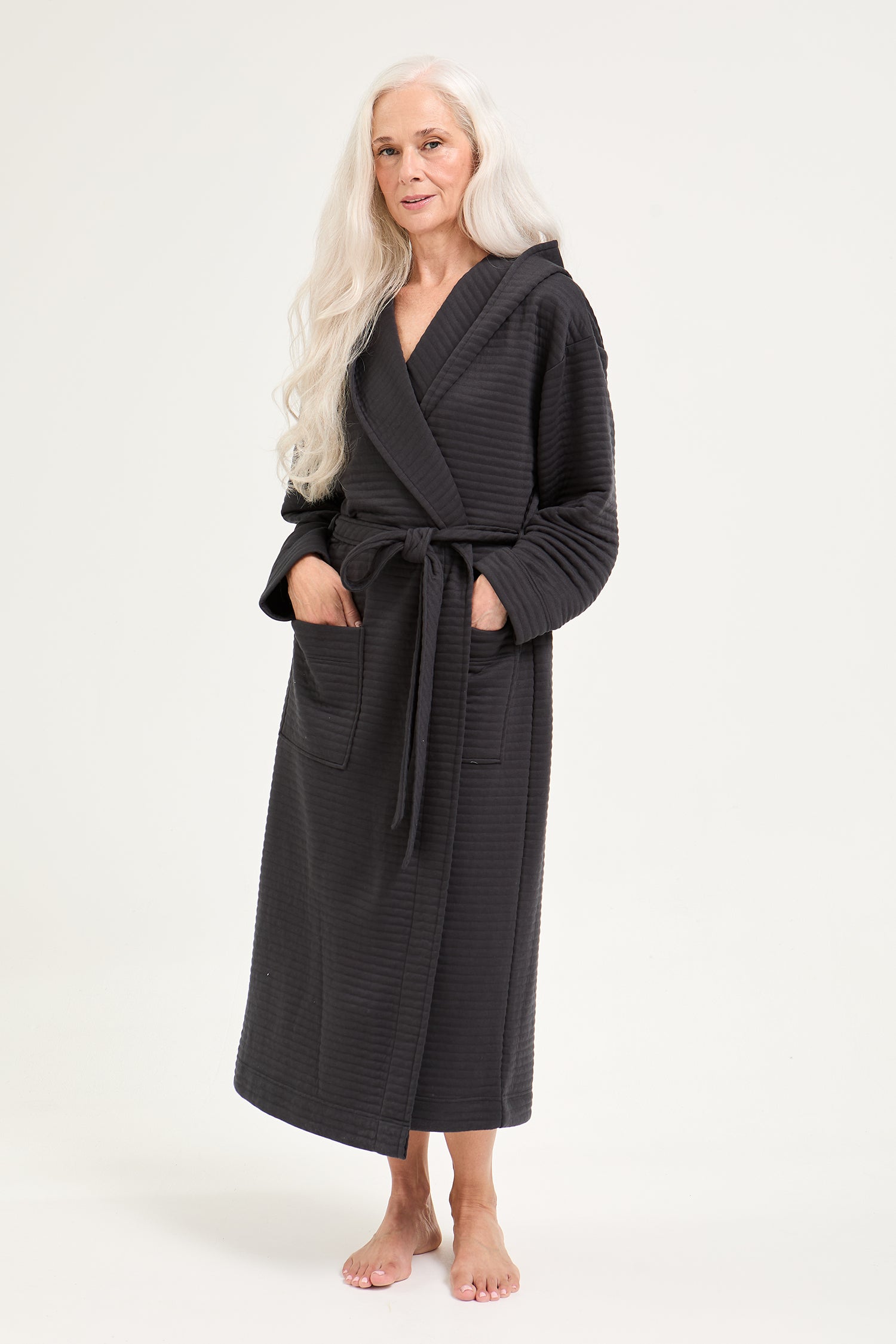 Quilted Jersey Hooded Robe in Charcoal
