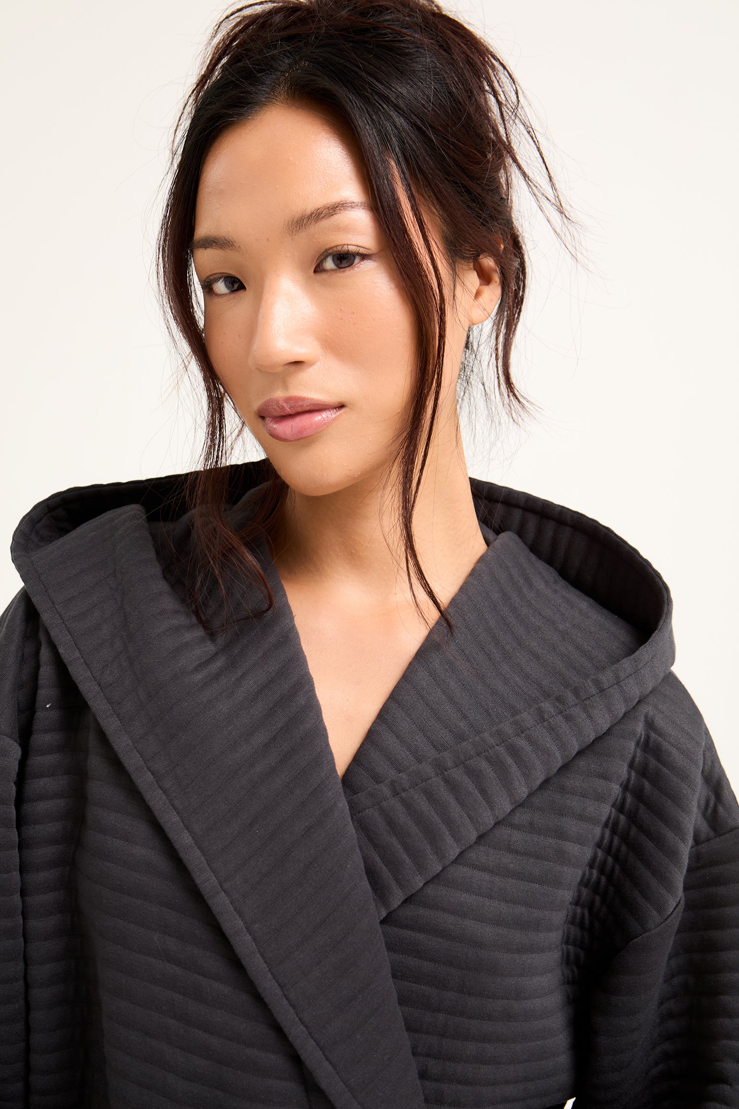Quilted Jersey Hooded Robe in Charcoal