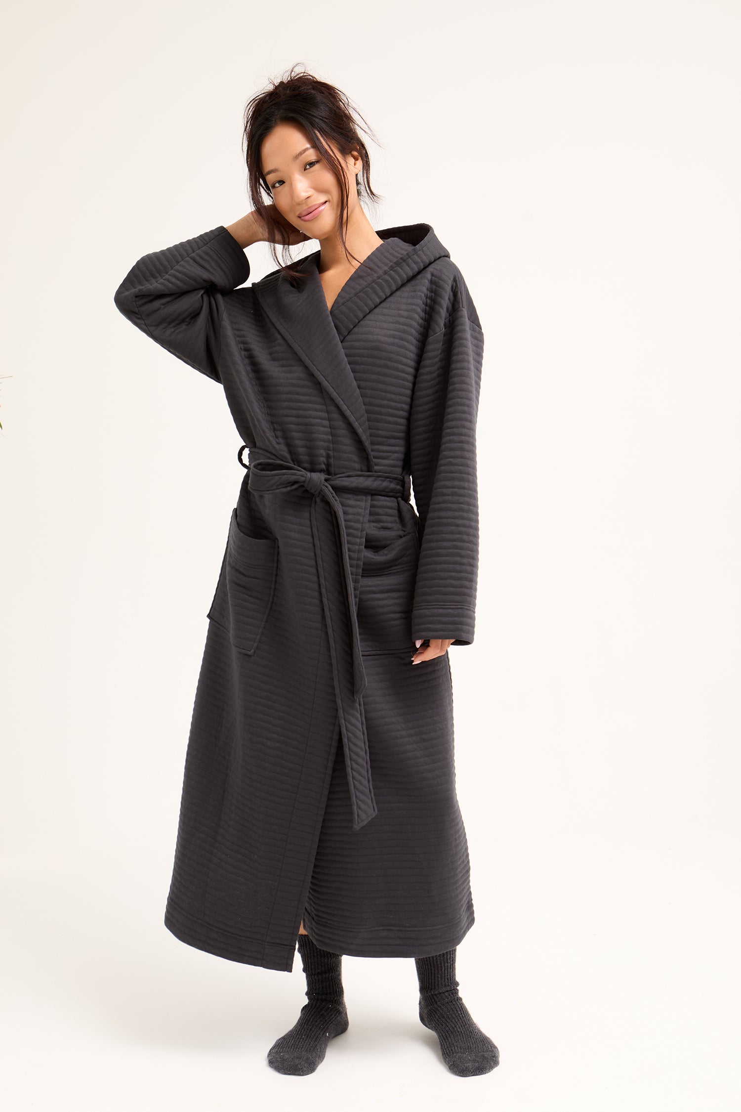 Quilted Jersey Hooded Robe in Charcoal