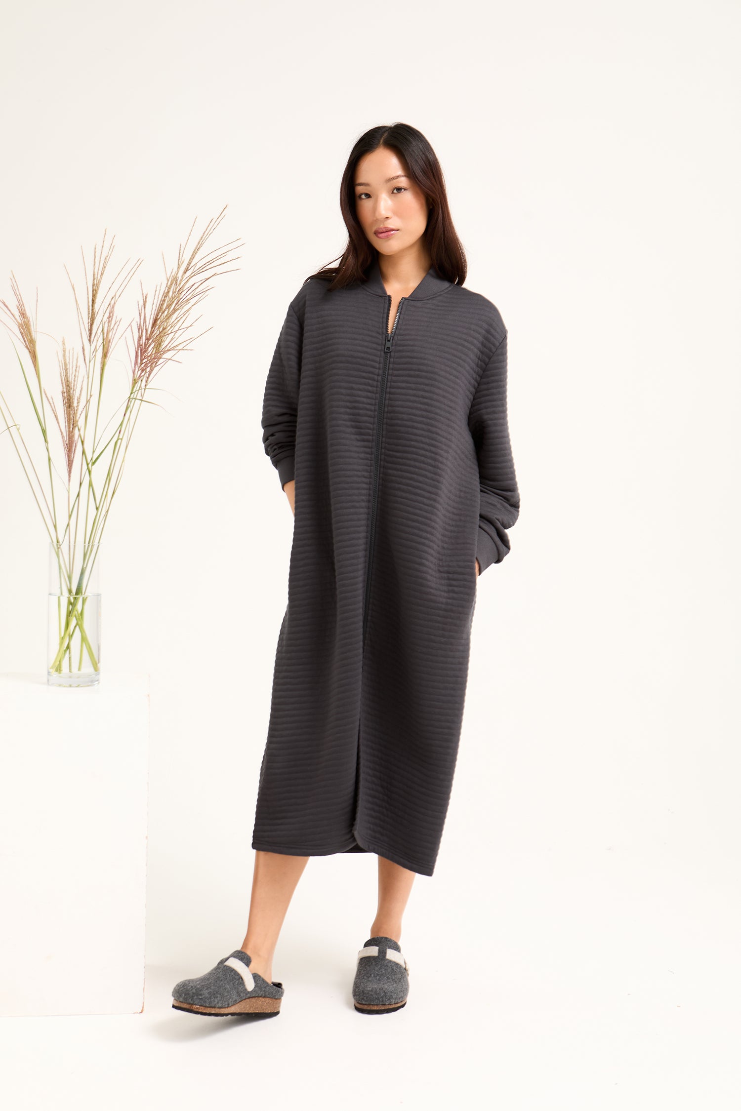 Quilted Jersey Housecoat in Charcoal
