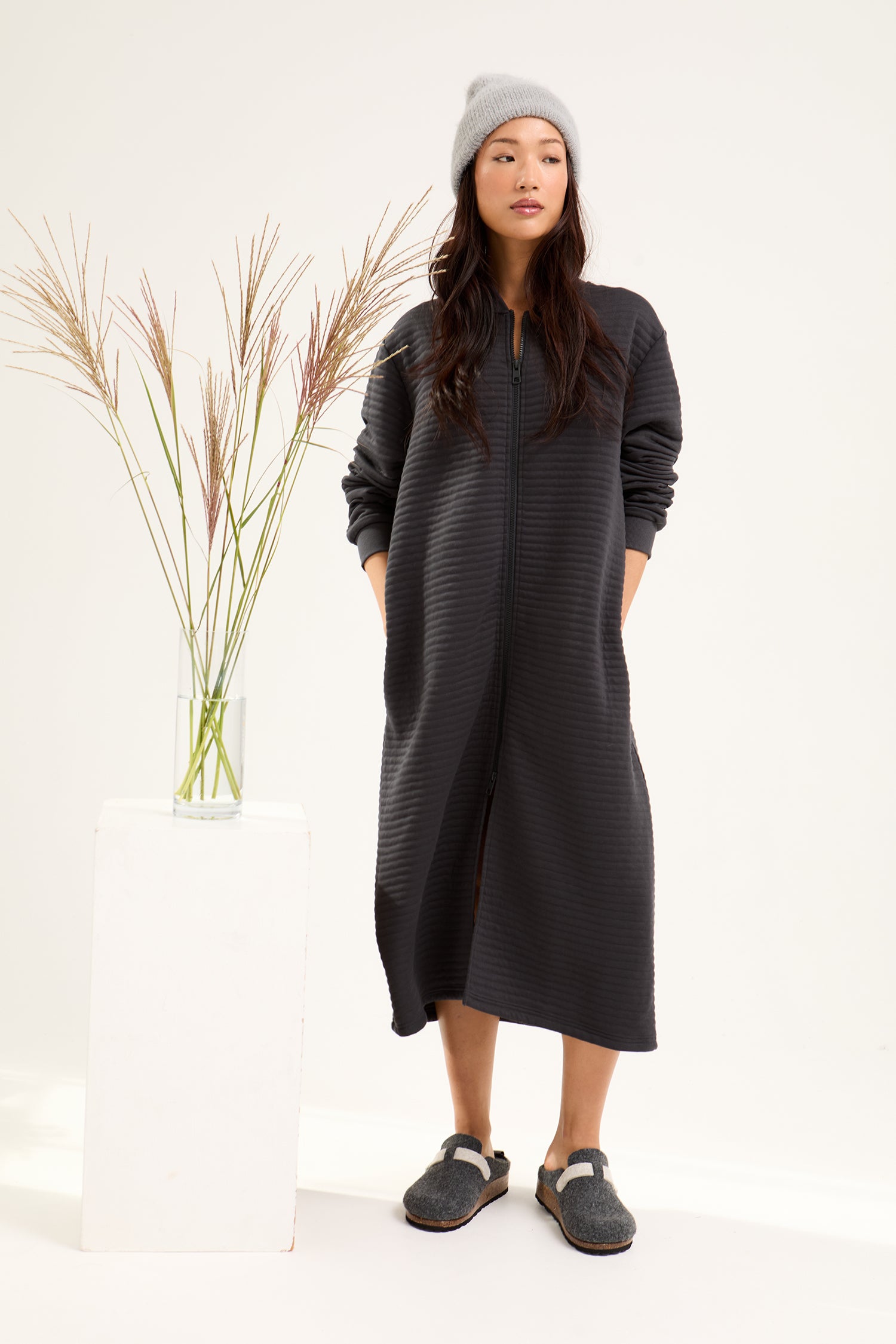 Quilted Jersey Housecoat in Charcoal