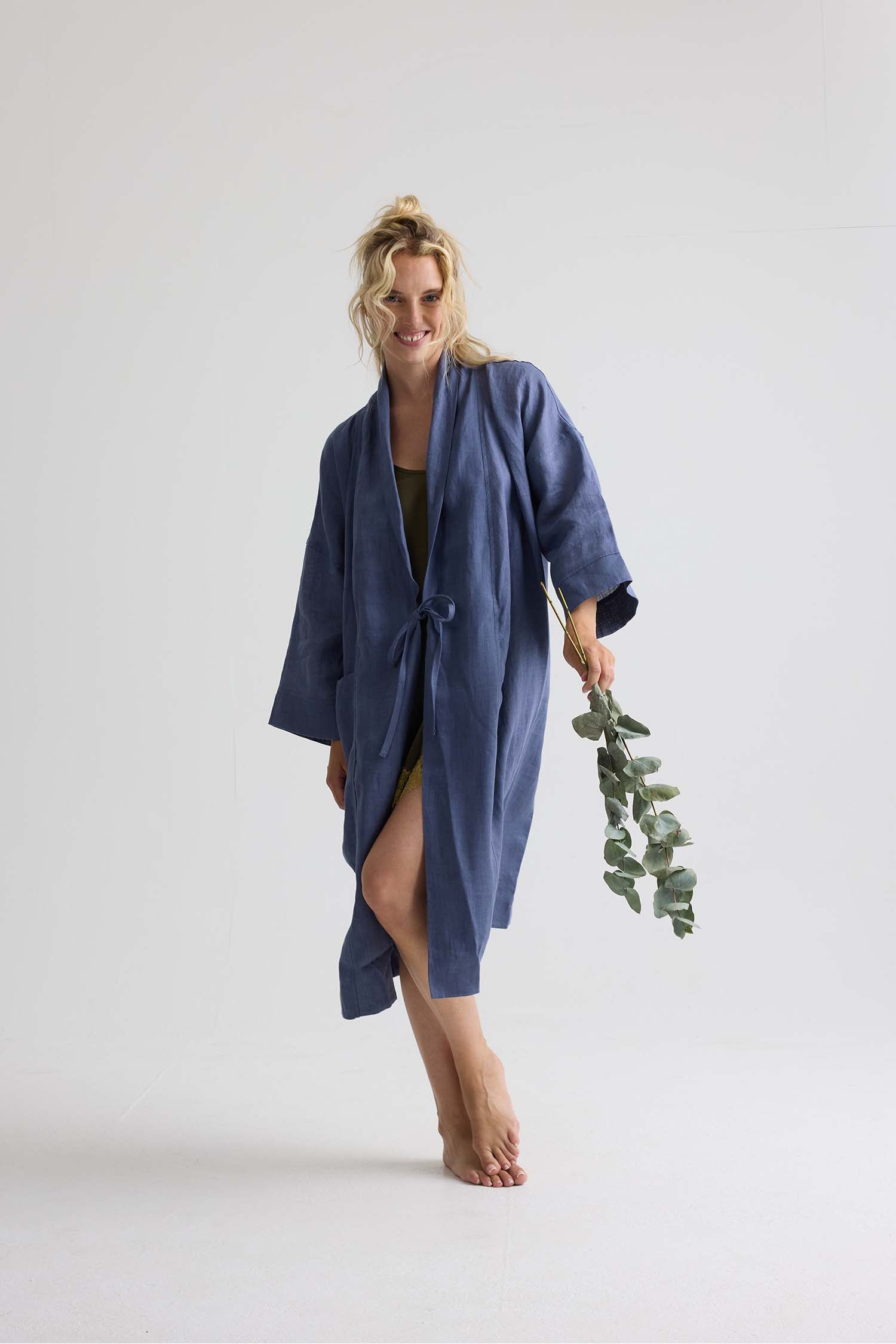 Long Relaxed Linen Robe in Folkestone Grey