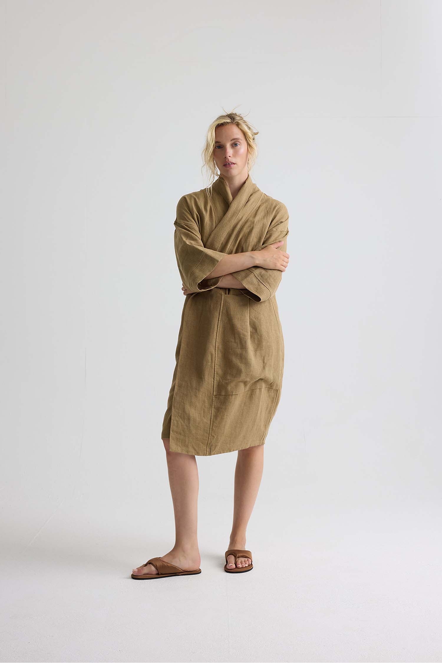 Long Relaxed Linen Robe In Overland Trek