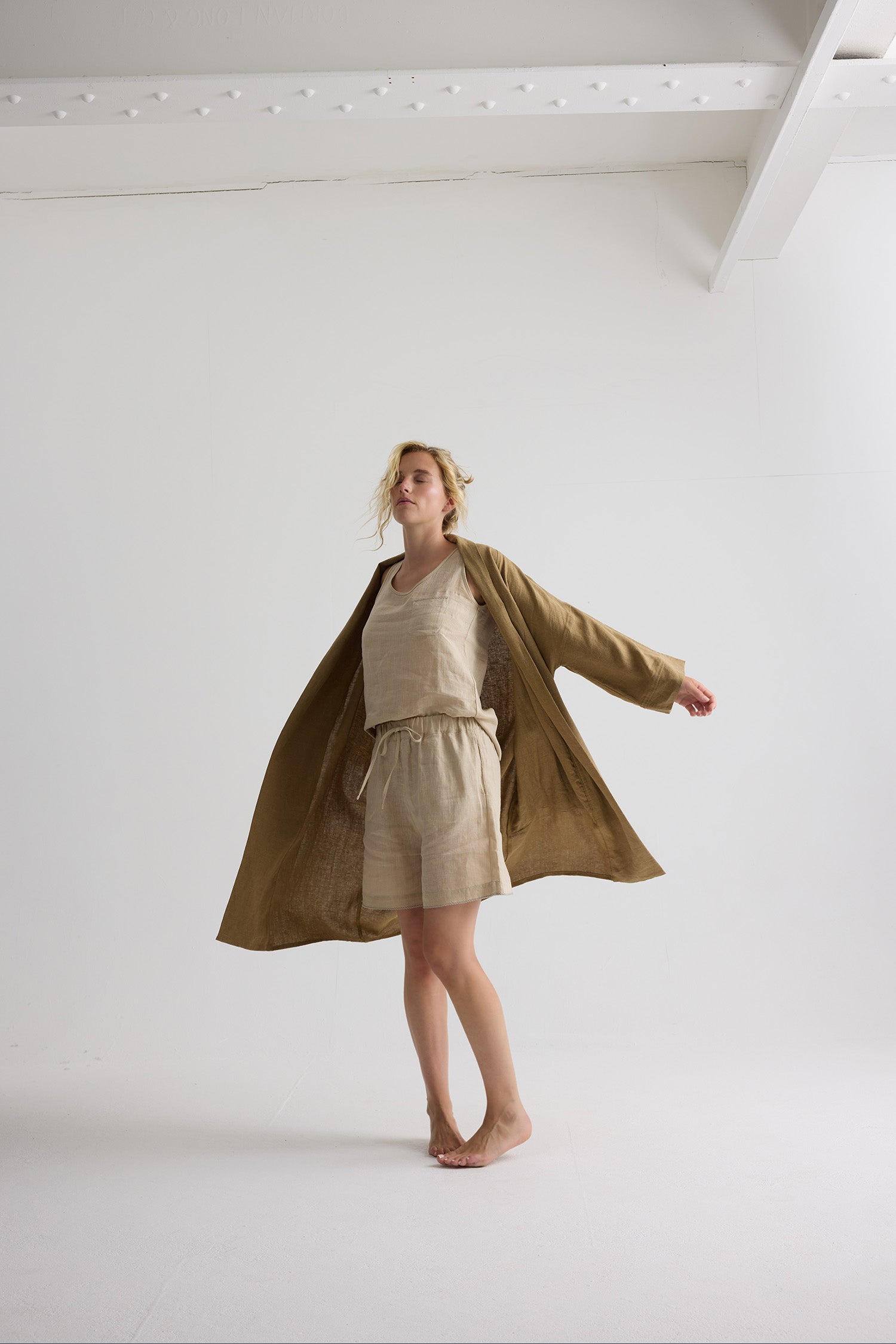 Long Relaxed Linen Jacket In Overland Trek
