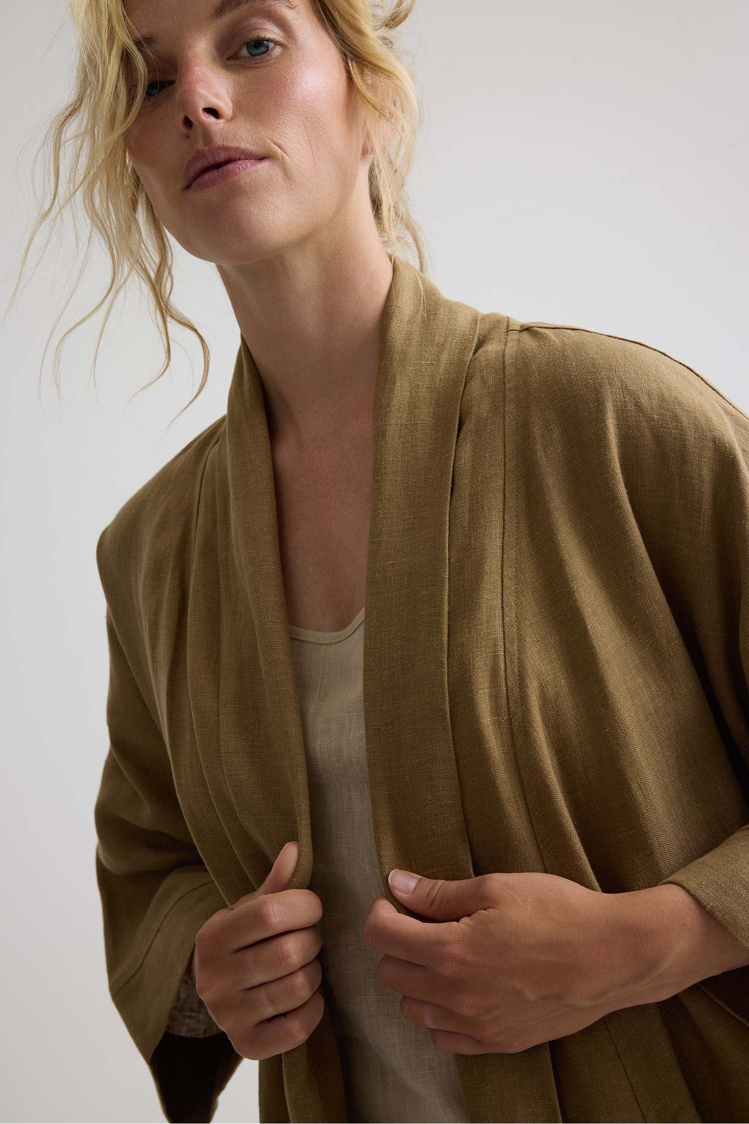 Long Relaxed Linen Jacket In Overland Trek