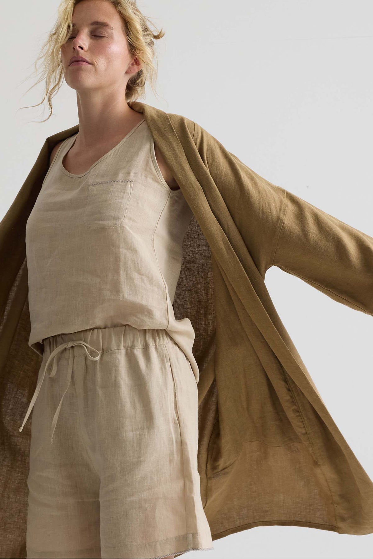 Long Relaxed Linen Robe In Overland Trek