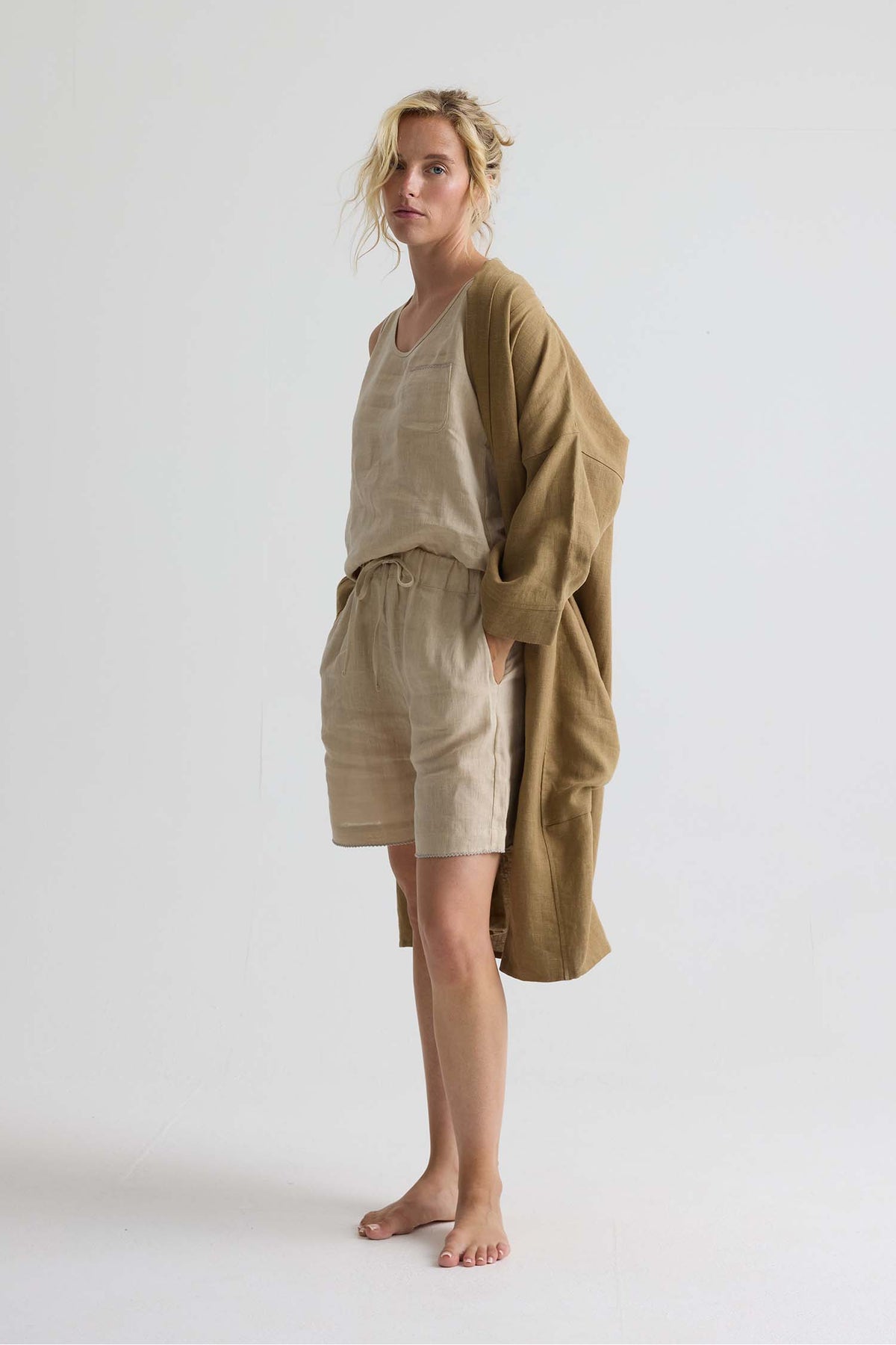 Long Relaxed Linen Robe In Overland Trek