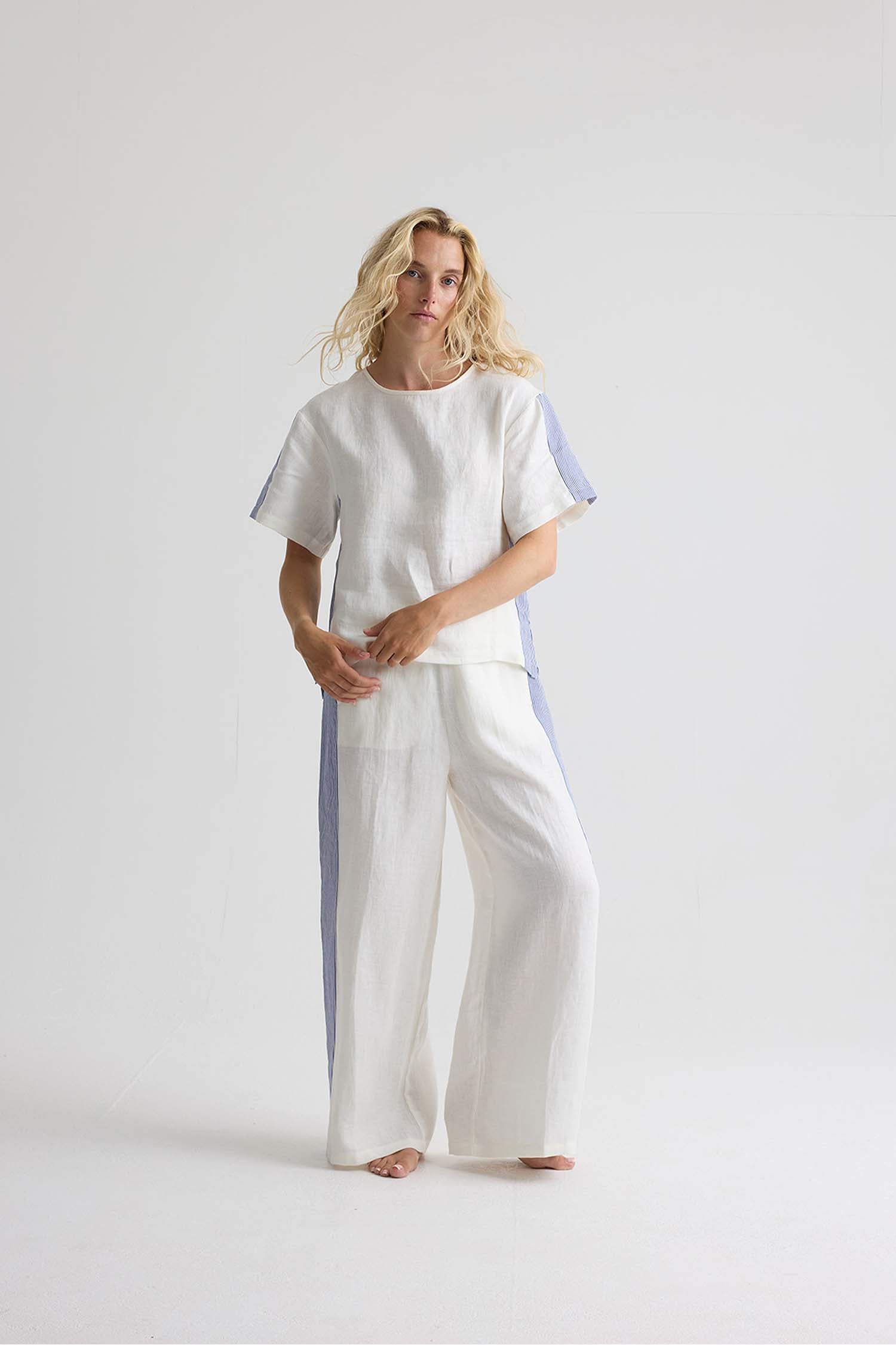 Relaxed Striped Linen Resort Set In Coconut Milk