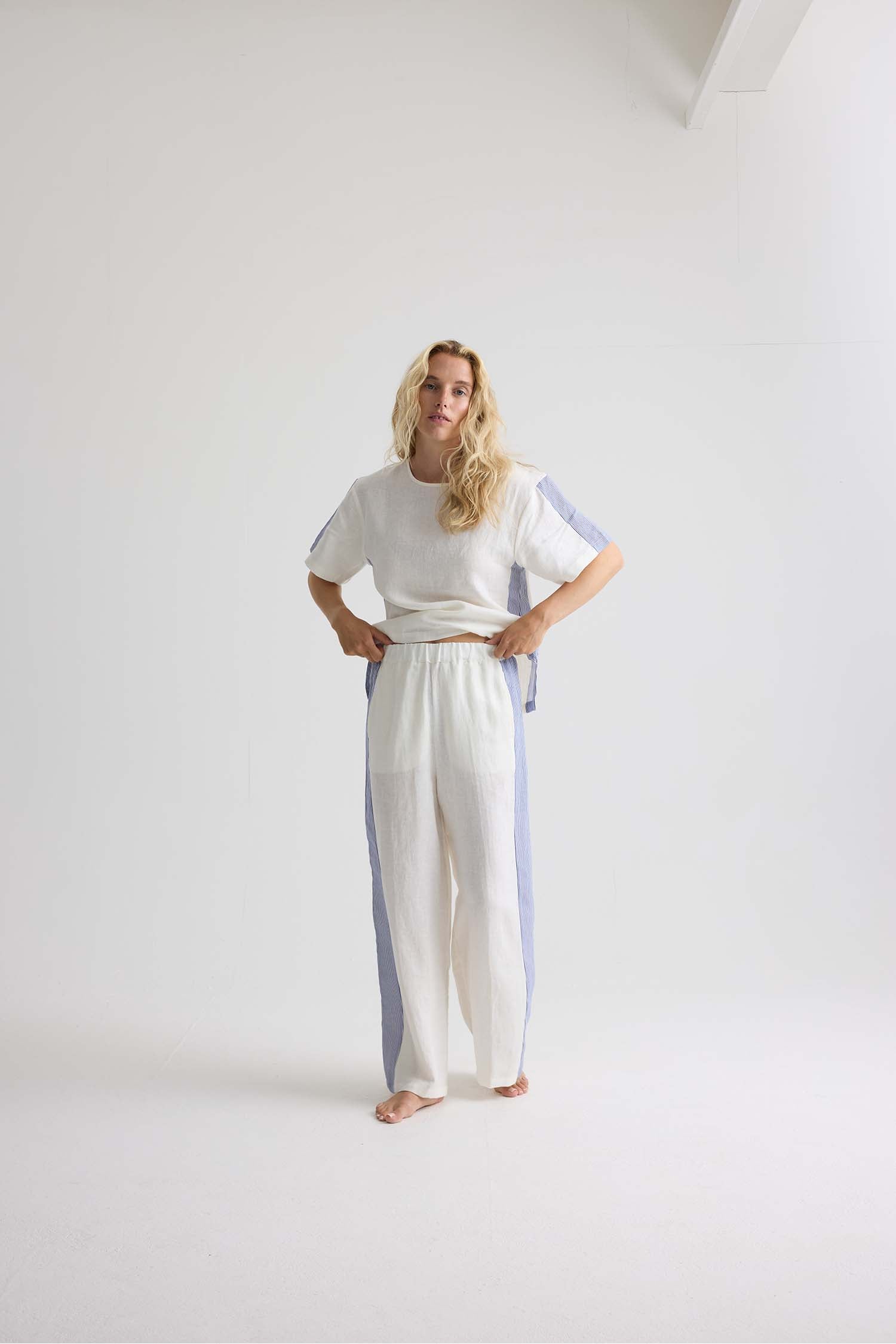 Relaxed Striped Linen Resort Set In Coconut Milk