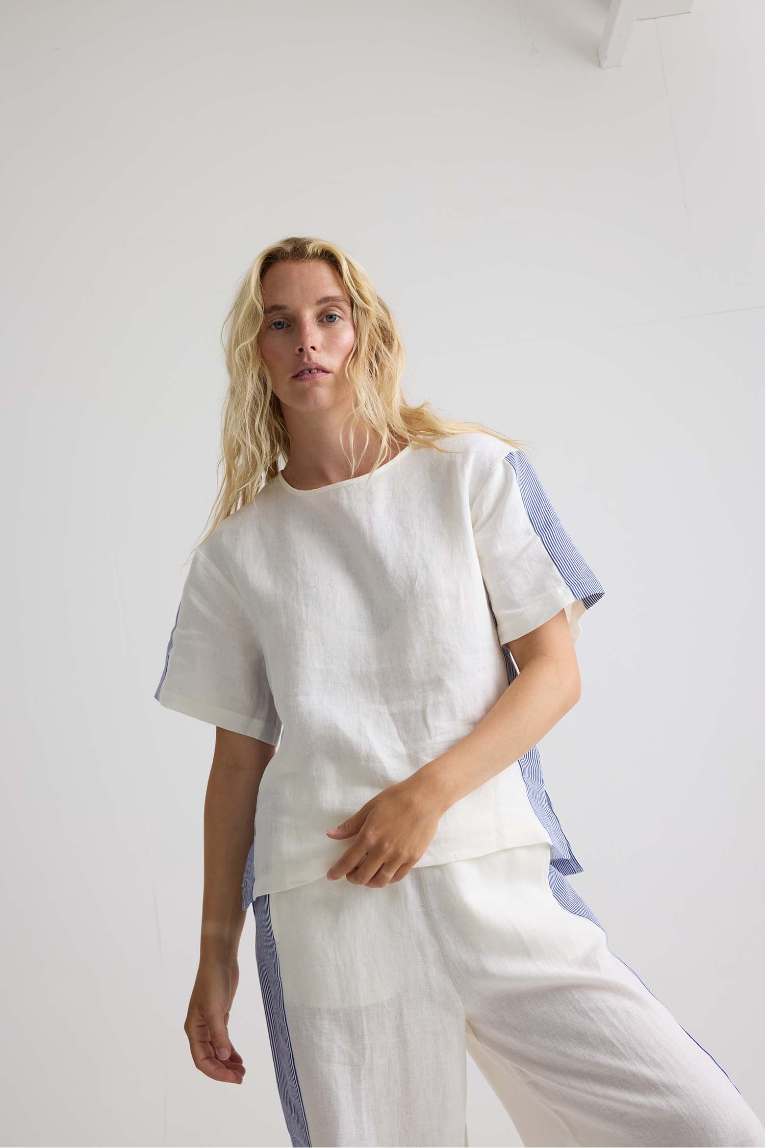 Relaxed Striped Linen Resort Set In Coconut Milk