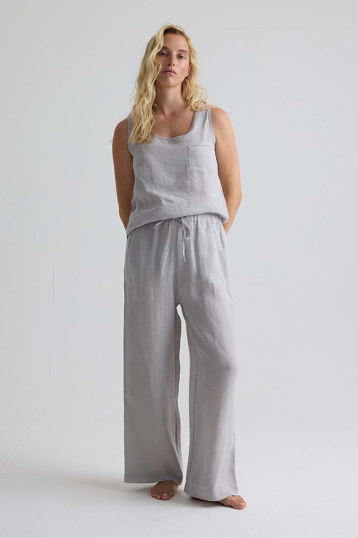 Relaxed Linen Wide Leg Trousers In Harbor Mist