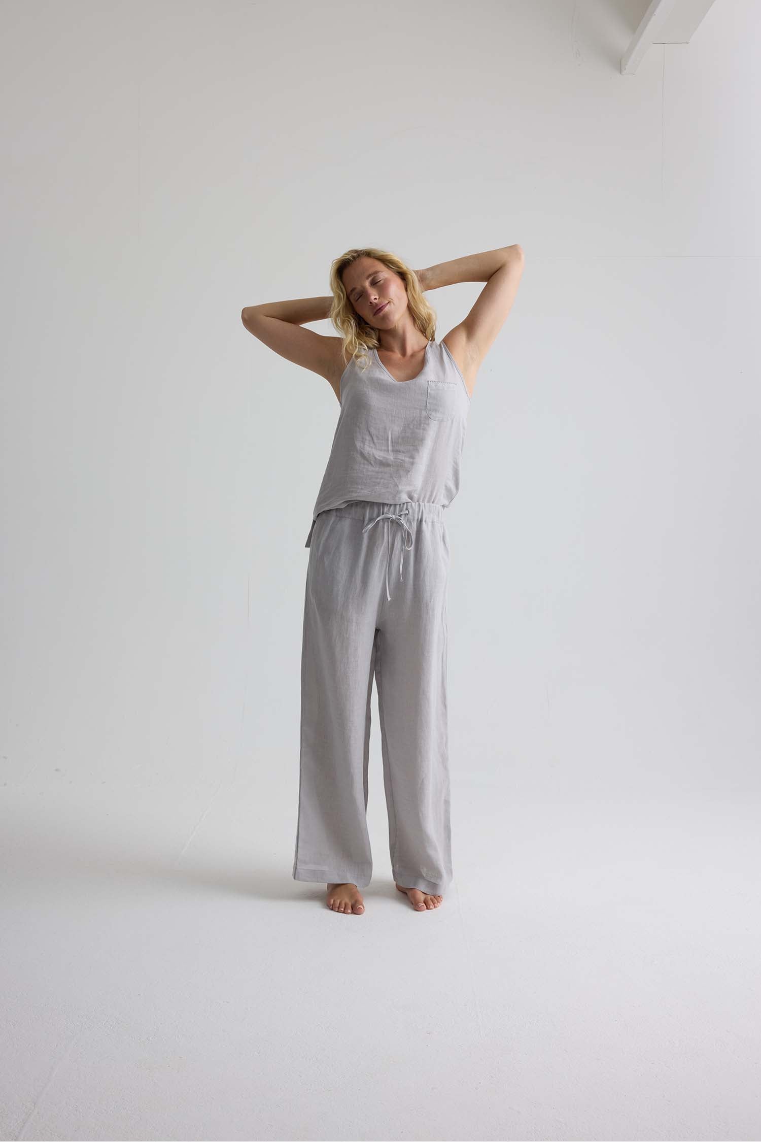 Relaxed Linen Wide Leg Trousers In Harbor Mist