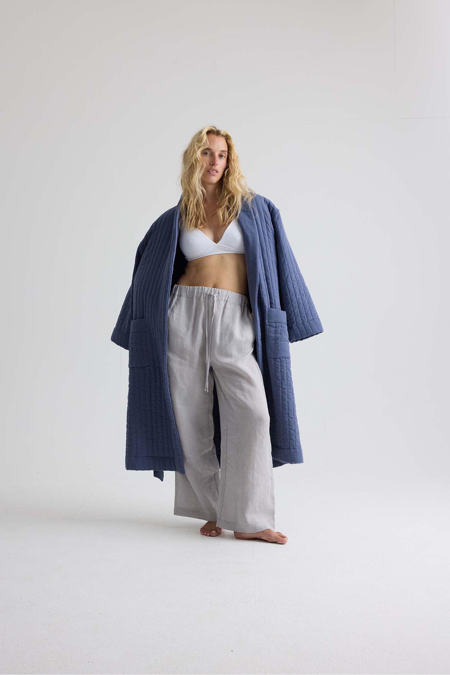 Relaxed Linen Wide Leg Trousers In Harbor Mist
