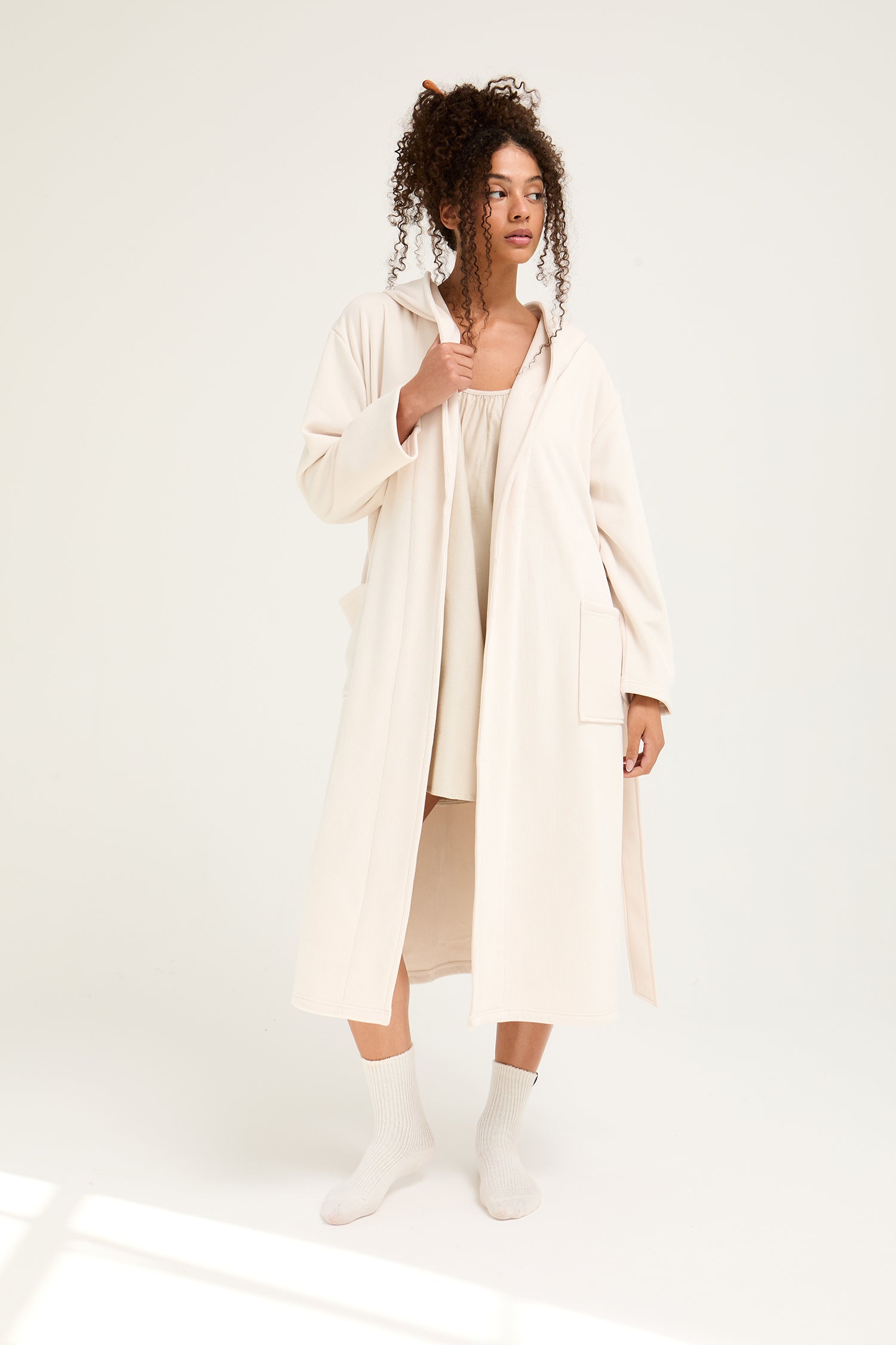 Ribbed Hooded Robe in Cream