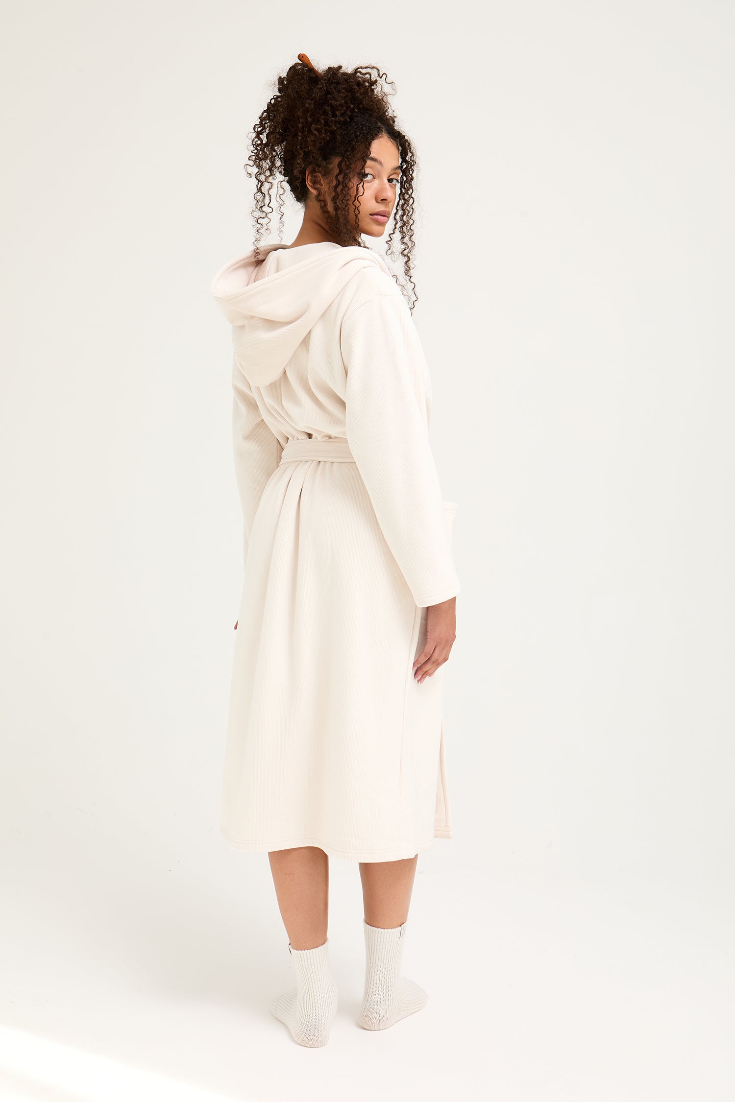 Ribbed Hooded Robe in Cream