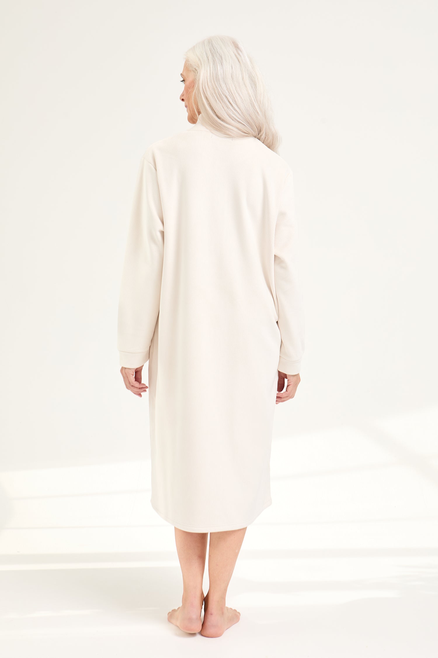 Ribbed Zip Front Housecoat in Cream - Robes