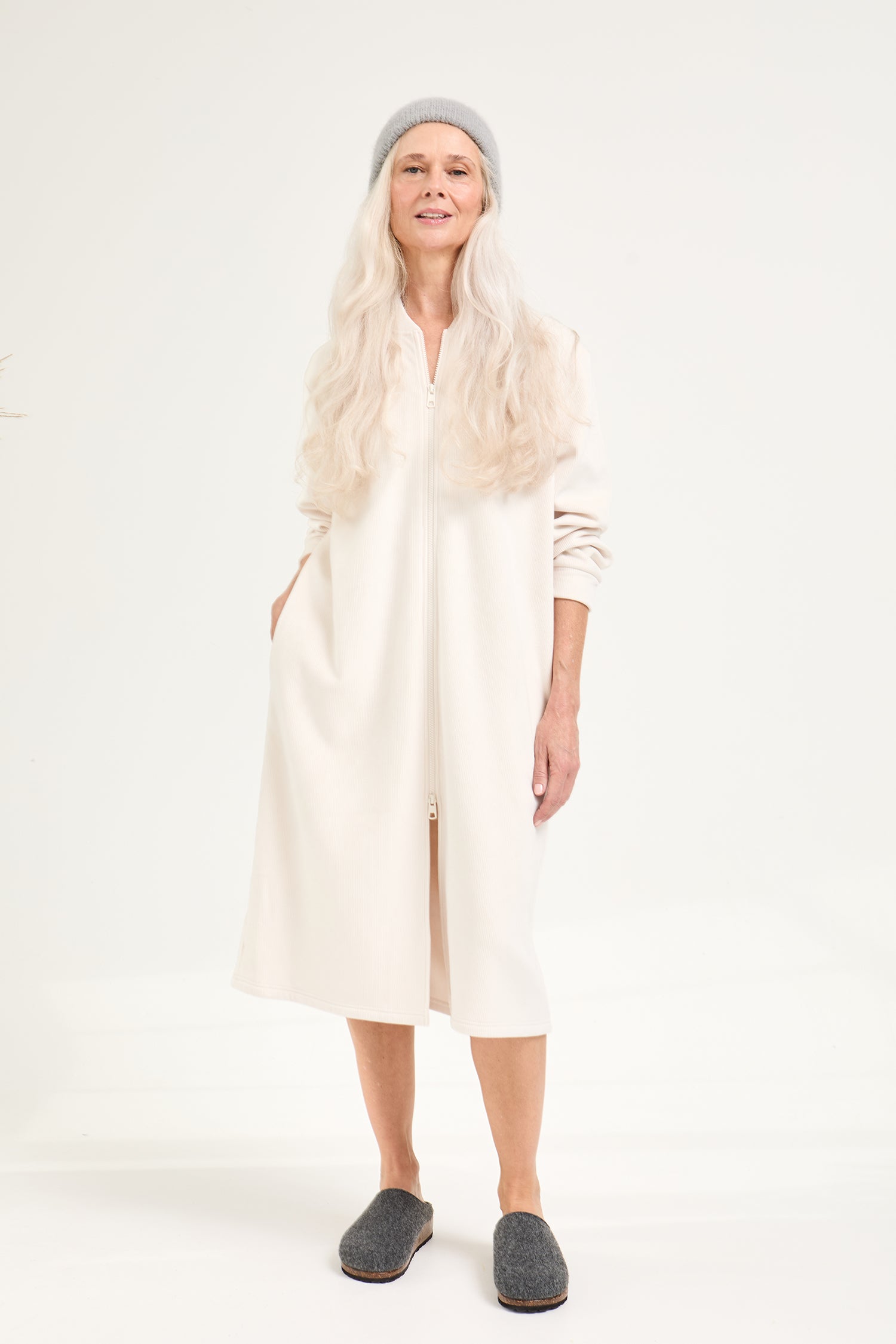 Ribbed Zip Front Housecoat in Cream