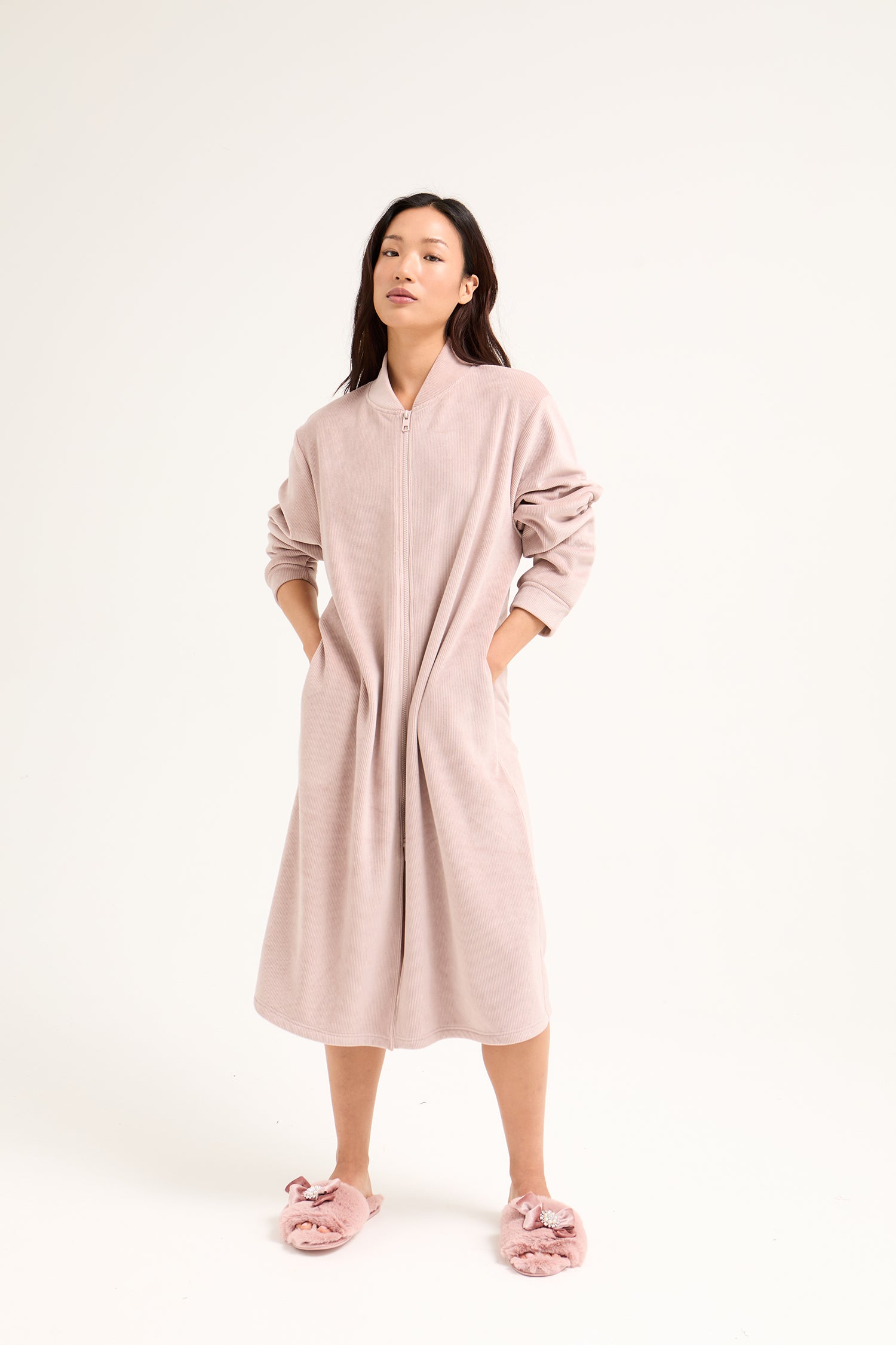 Ribbed Zip Front Housecoat in Mink - Robes