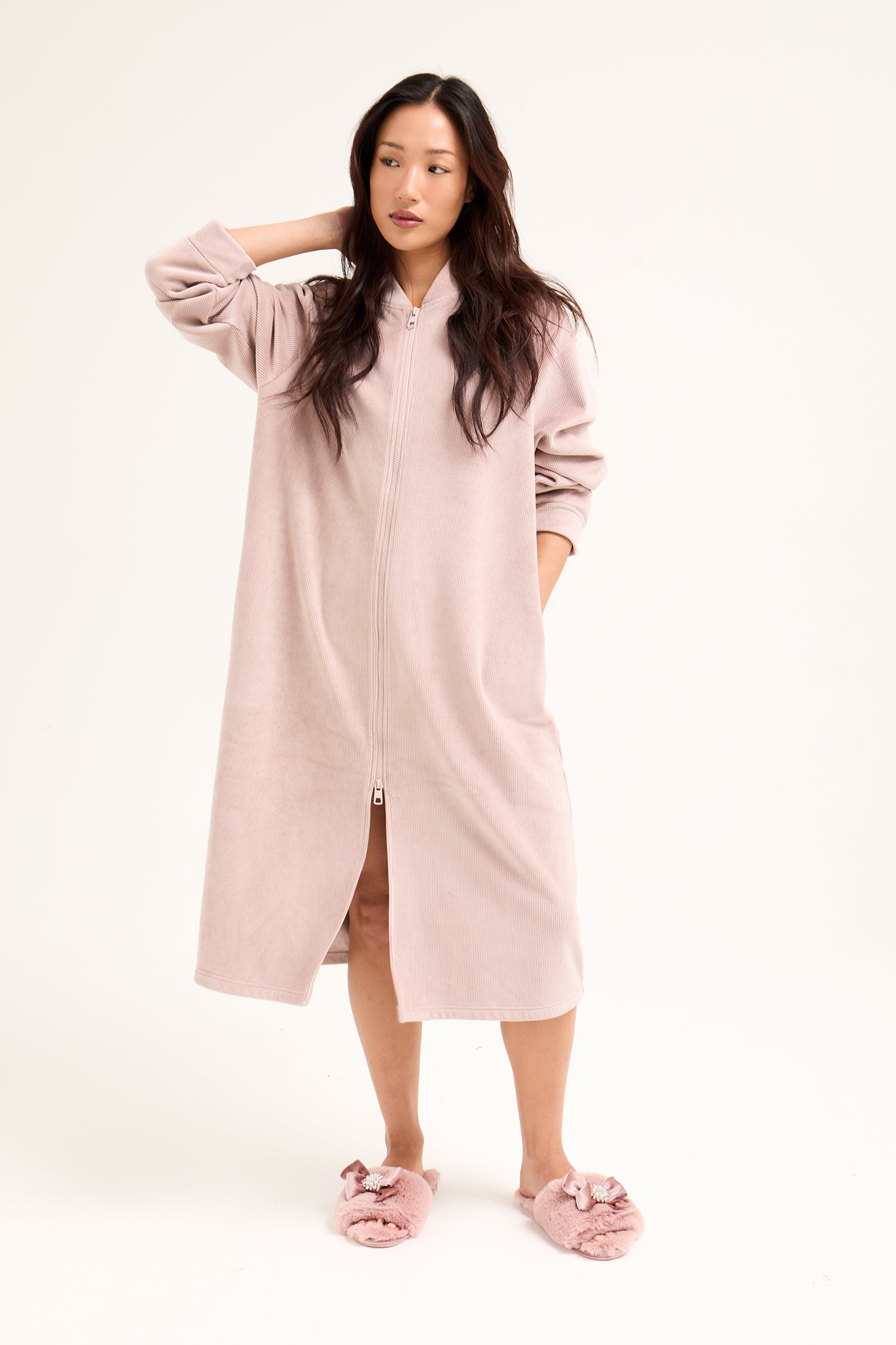 Ribbed Zip Front Housecoat in Mink - Robes