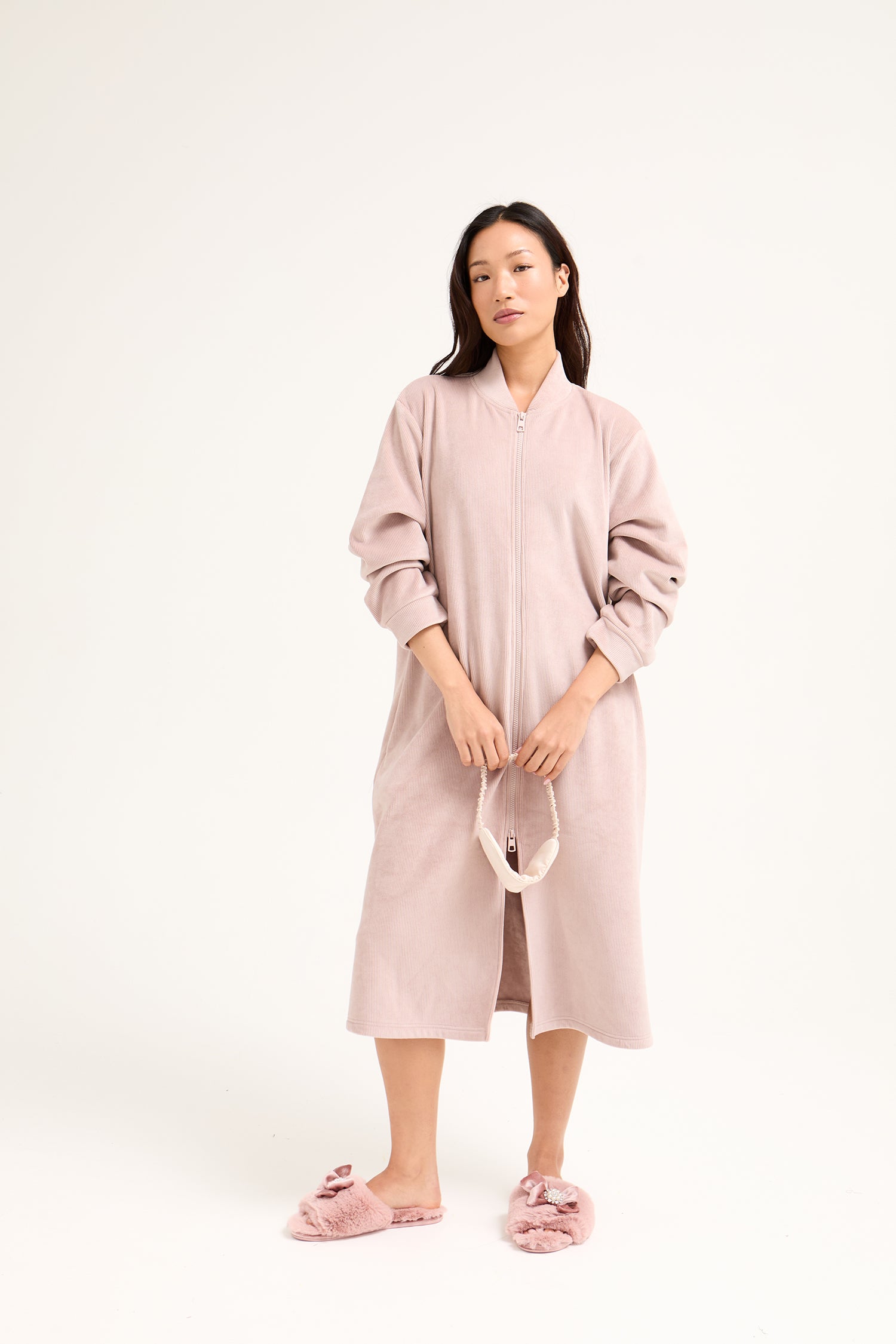 Ribbed Zip Front Housecoat in Mink - Robes