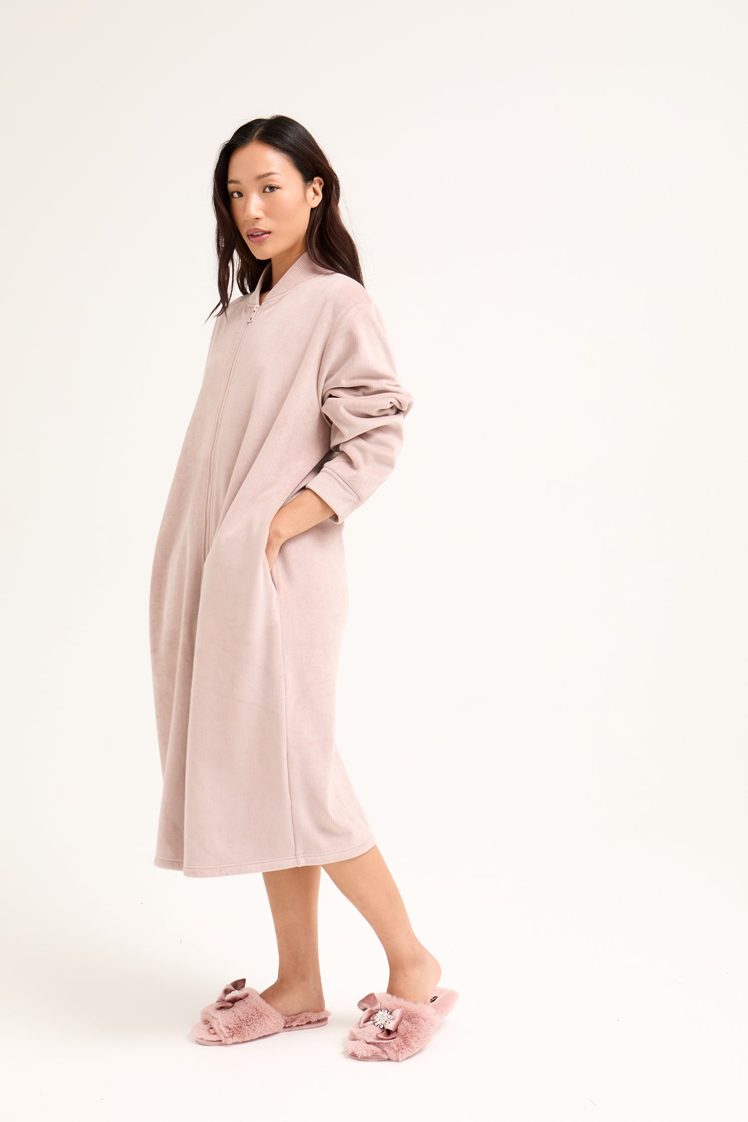 Ribbed Zip Front Housecoat in Mink - Robes
