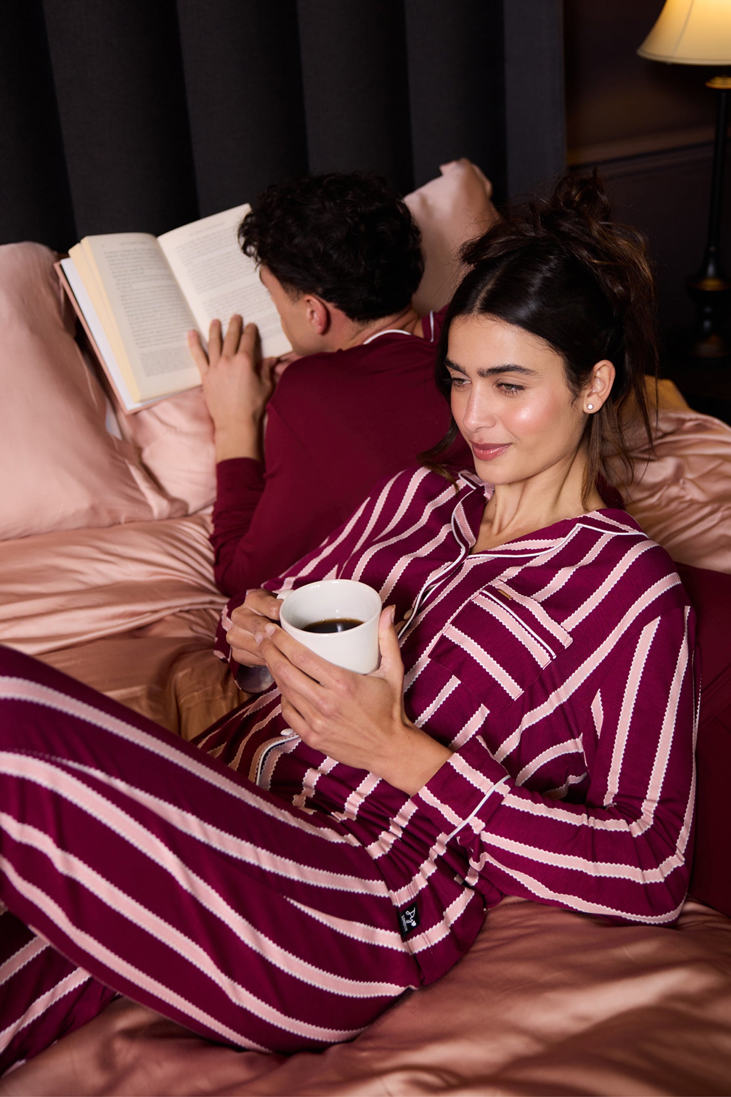 Bamboo Long Pyjama Set in Bordeaux Stripe - Wholesale - Pajamas