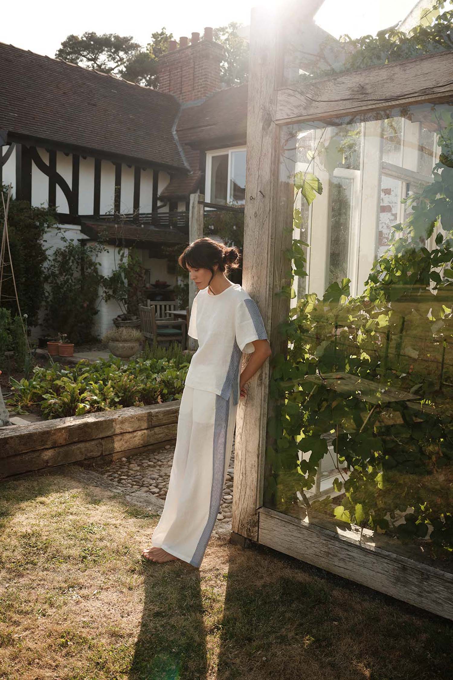Relaxed Striped Linen Resort Set In Coconut Milk