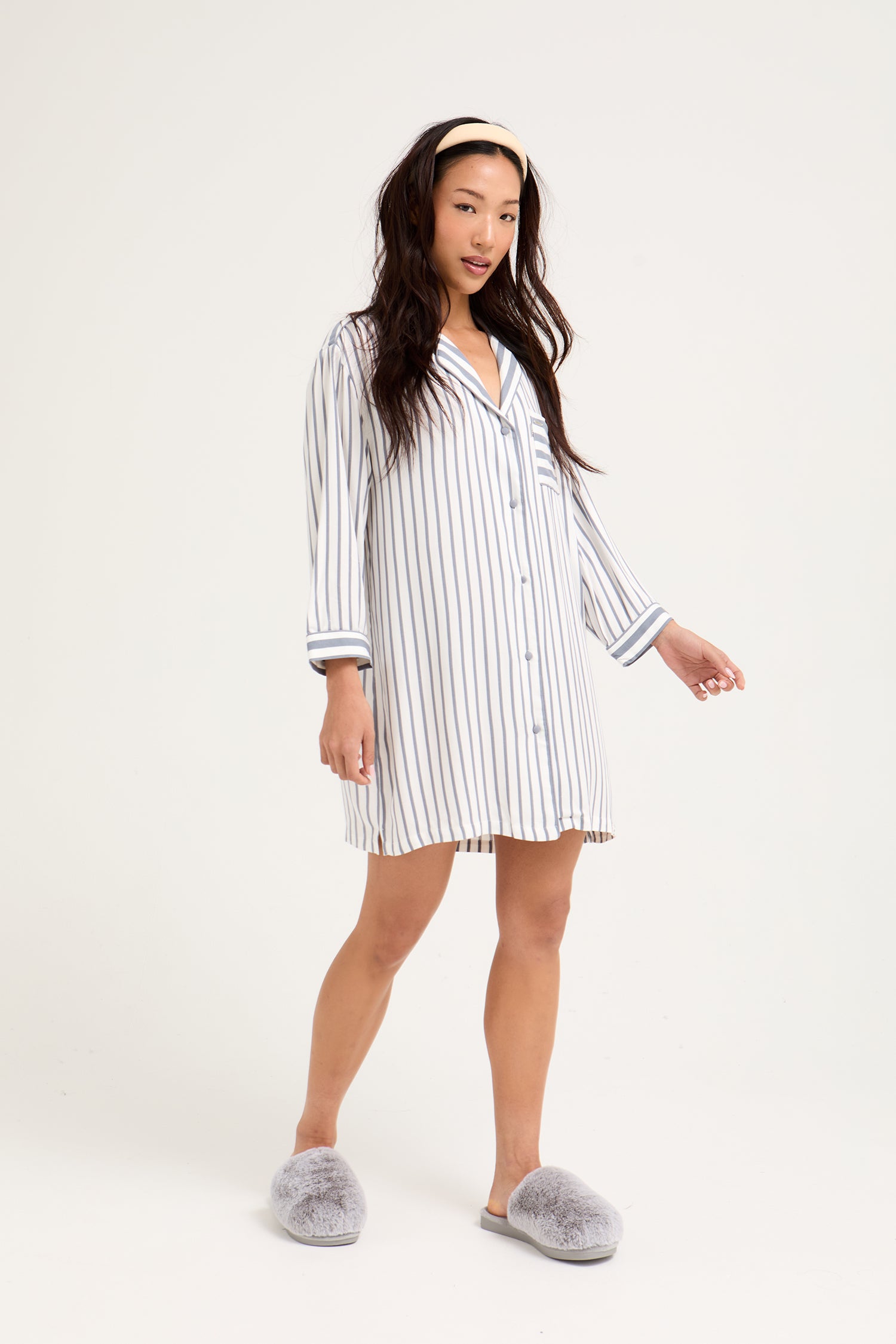 Boyfriend Stripe Nightshirt in Grey/Ecru