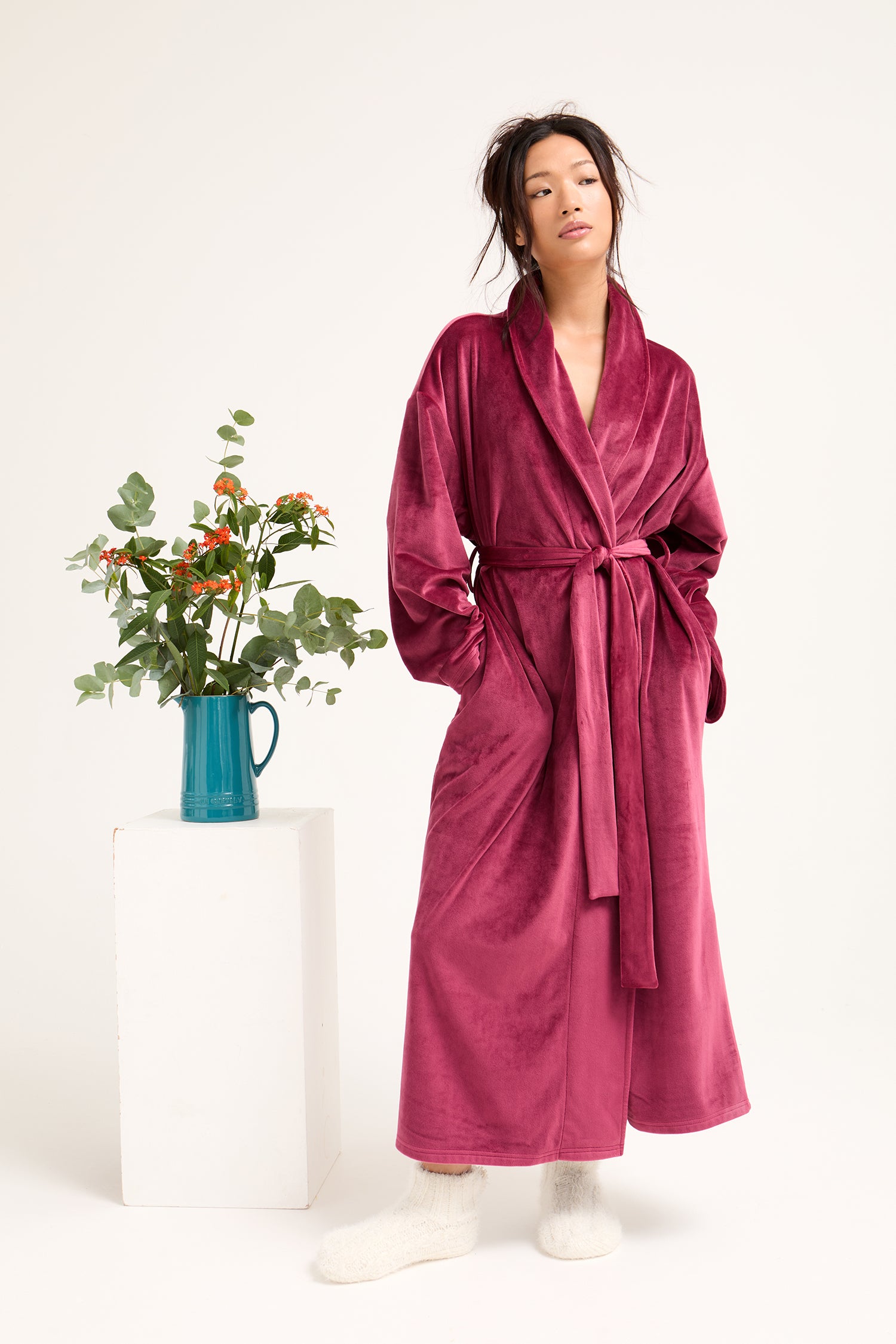Velour Longline Dressing Gown in Bordeaux