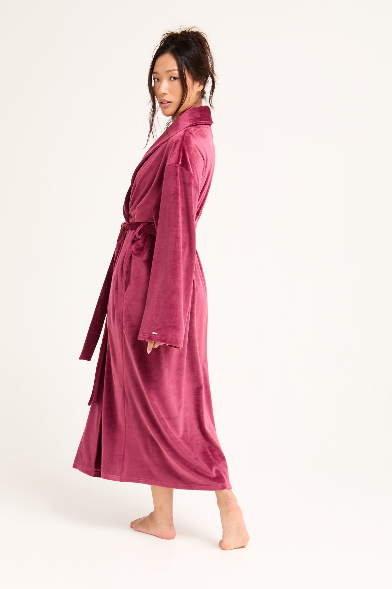 Velour Longline Dressing Gown in Bordeaux - Robes