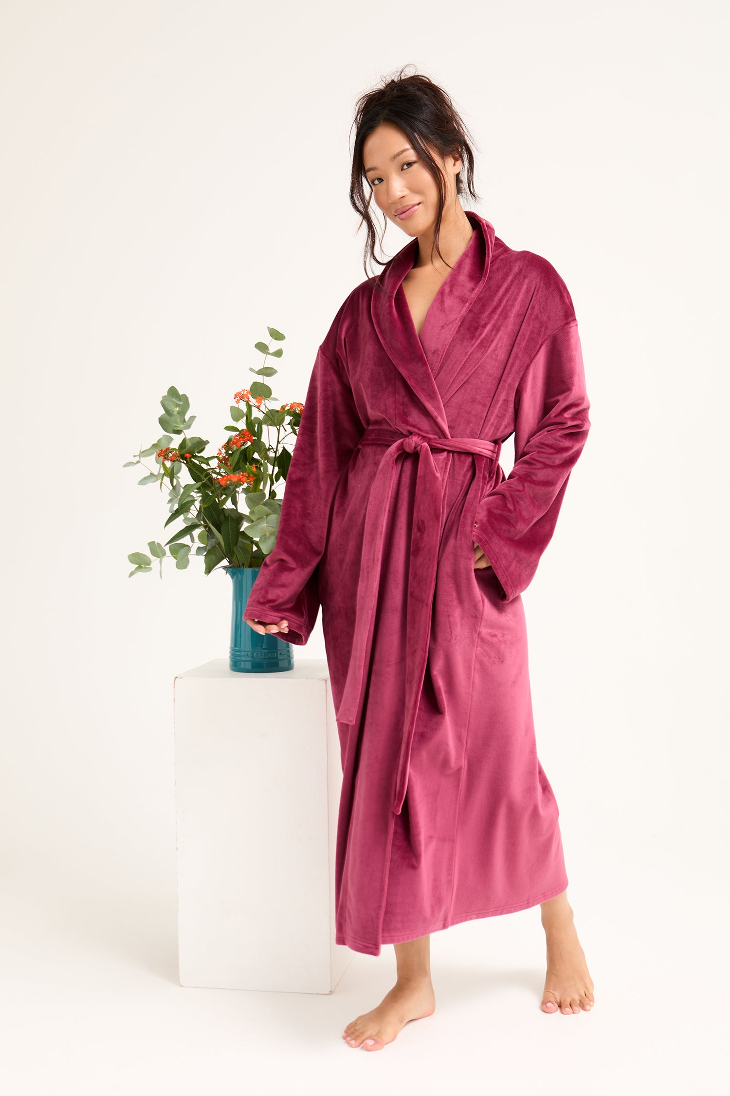 Velour Longline Dressing Gown in Bordeaux