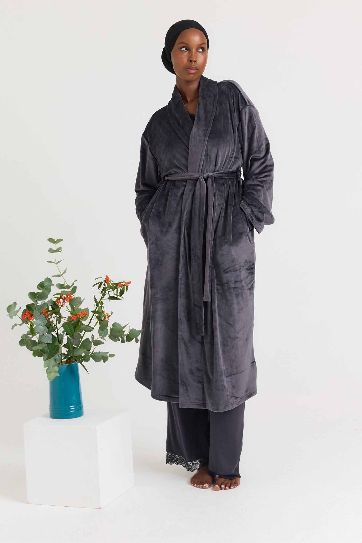 Velour Longline Dressing Gown in Raven