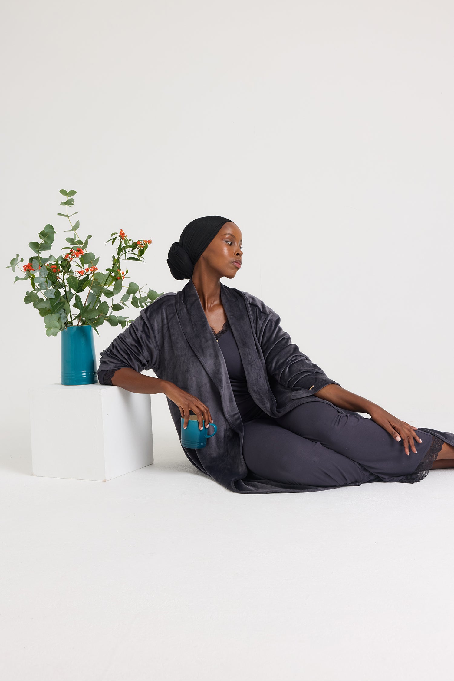 Velour Longline Dressing Gown in Raven