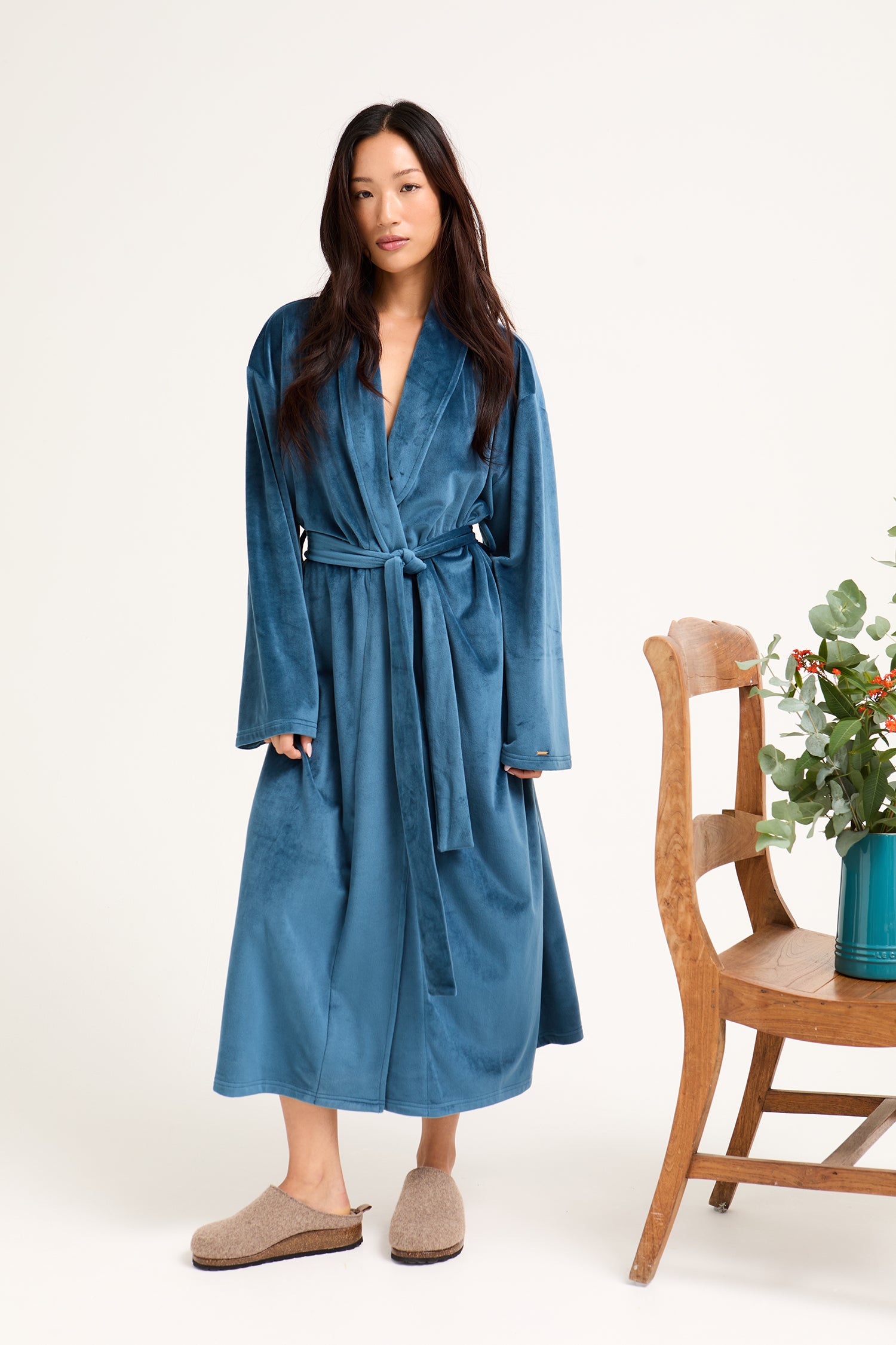 Velour Longline Dressing Gown in Teal