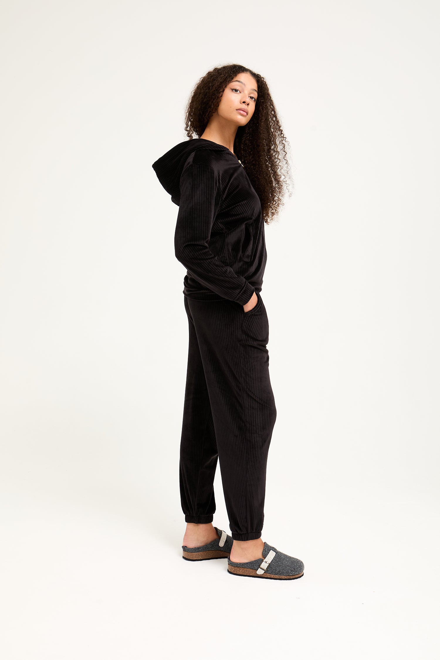 Velour Hoody Jogger Set in Black - Loungewear