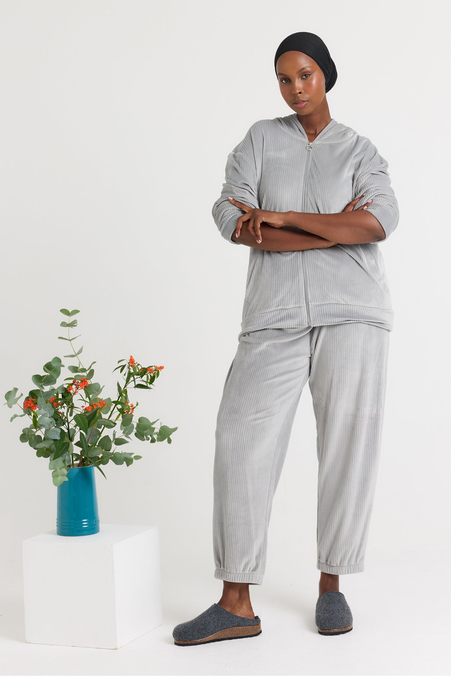 Velour Hoody Jogger Set in Grey