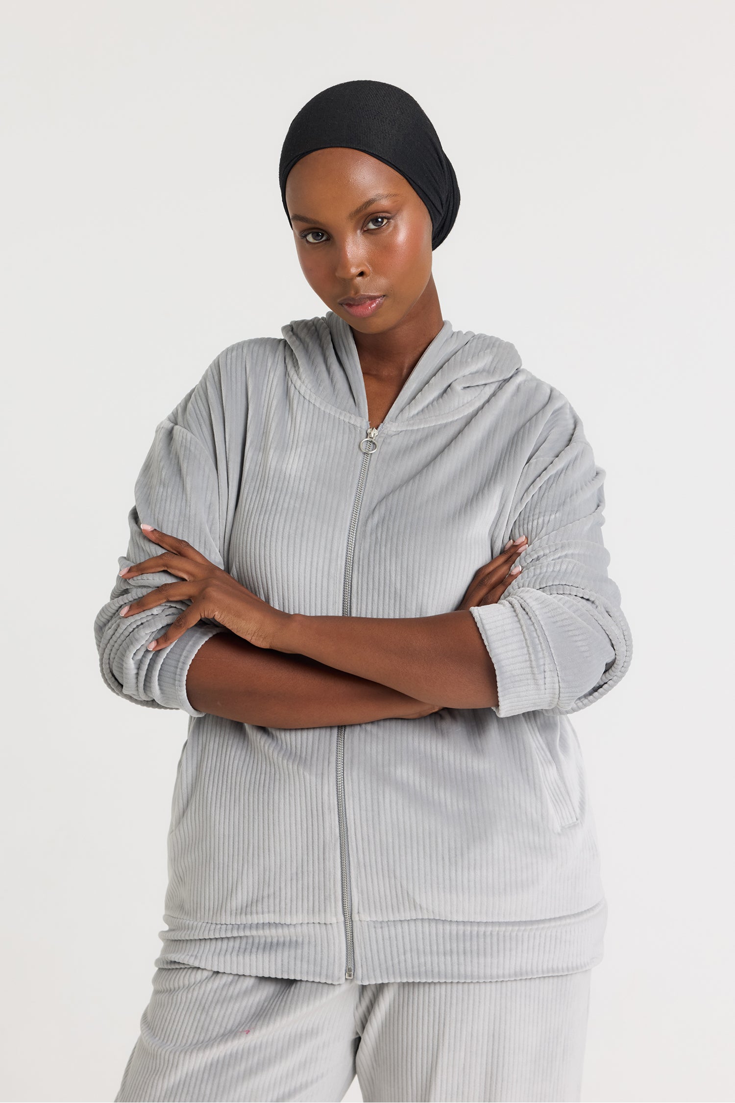 Velour Hoody Jogger Set in Grey - Loungewear