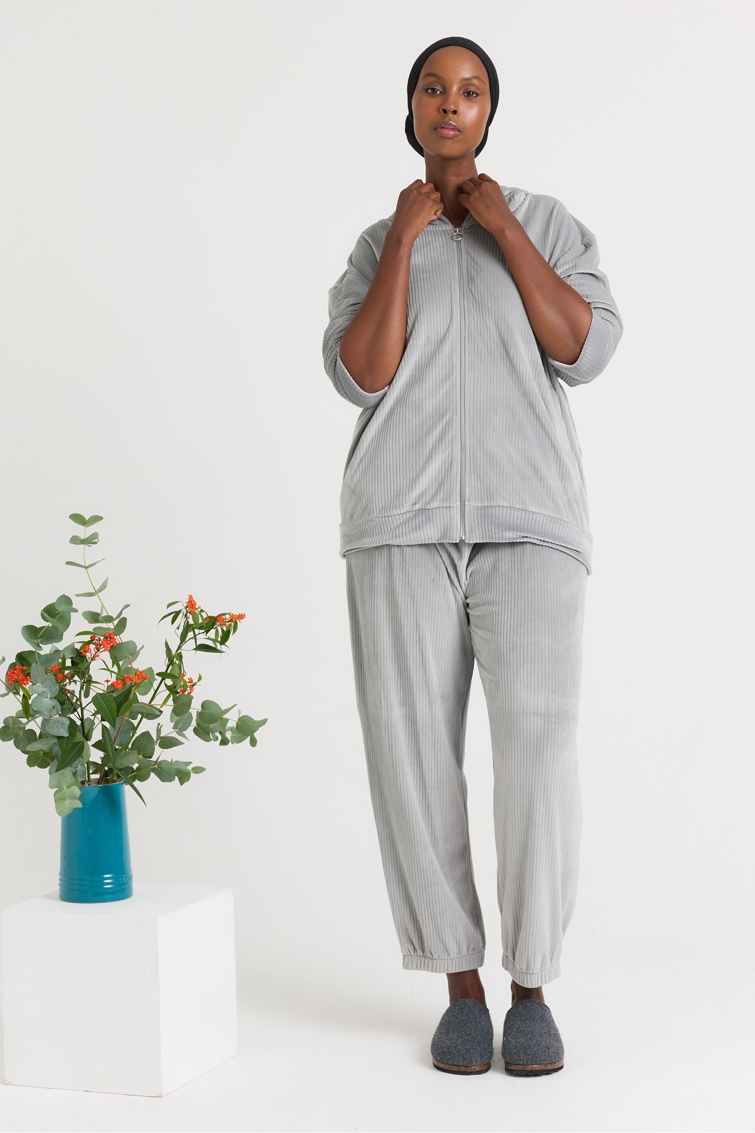Velour Hoody Jogger Set in Grey - Loungewear