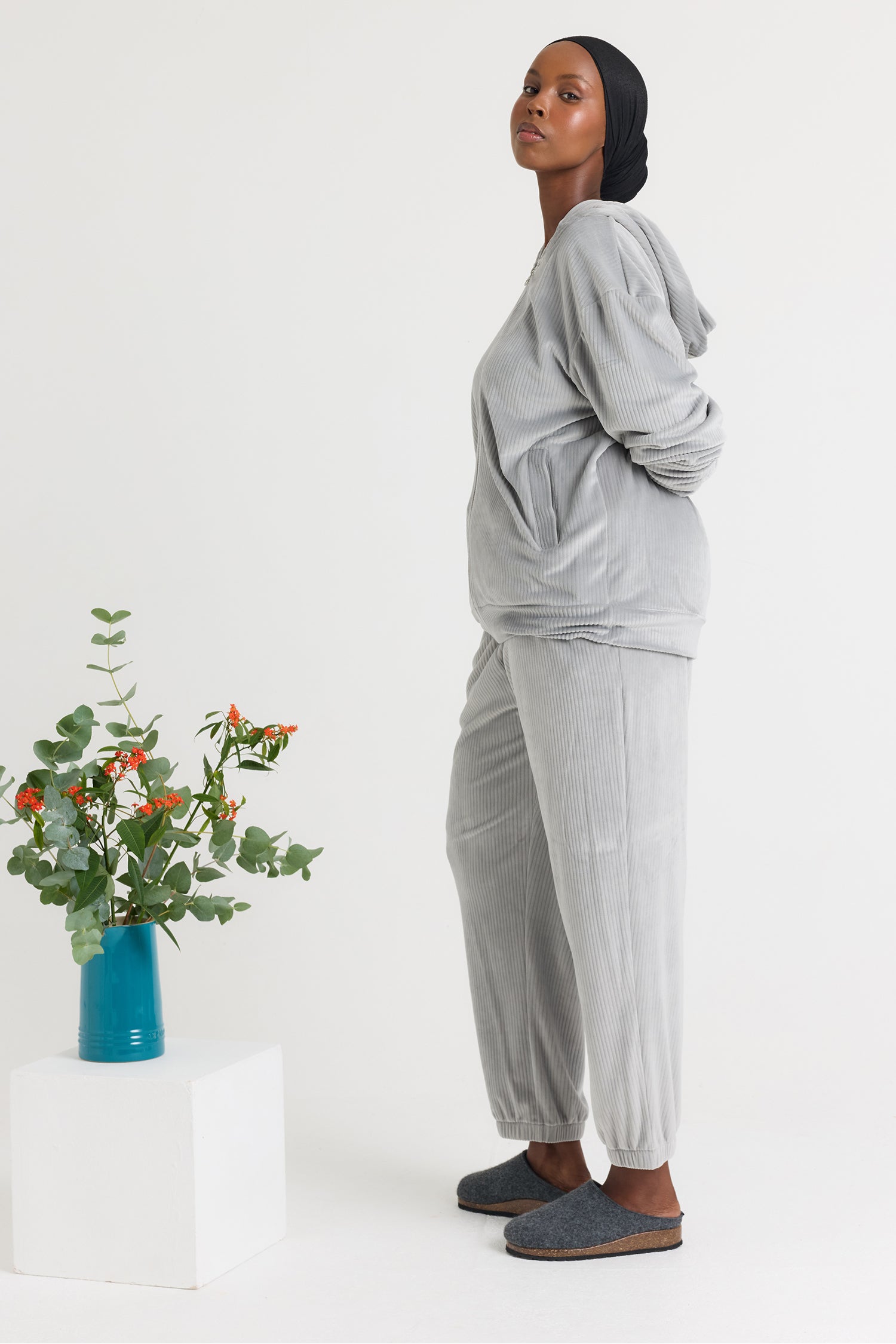 Velour Hoody Jogger Set in Grey - Loungewear