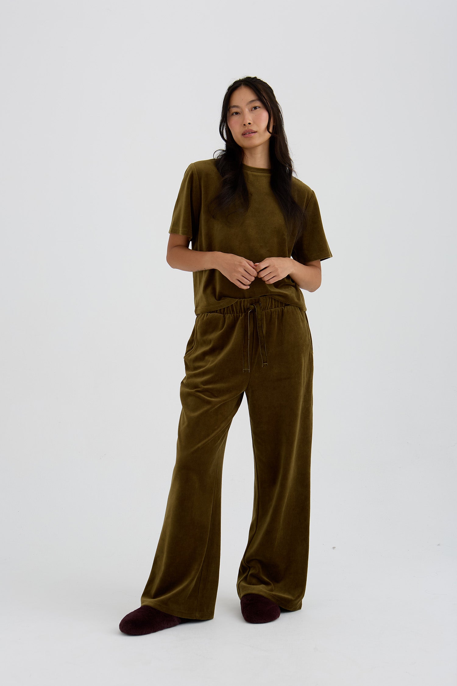 Velour Lounge Wide Leg Trousers In Olive