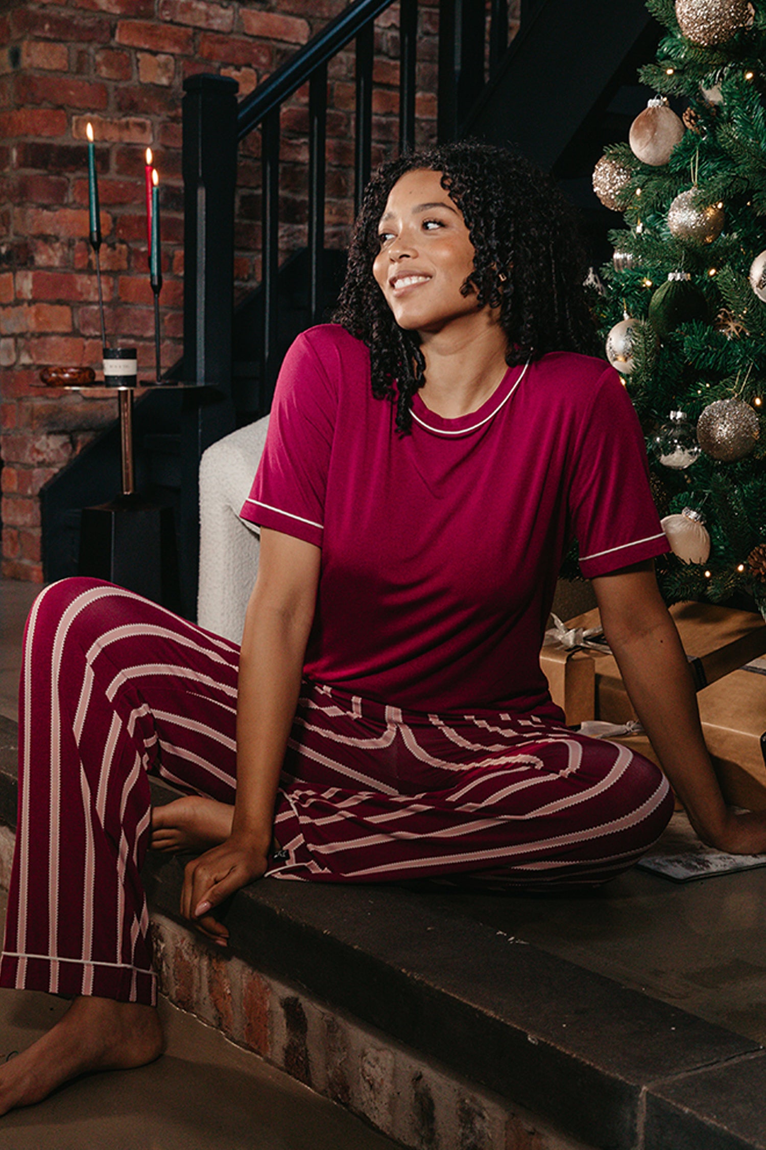 Bamboo Tee and Trouser Set in Bordeaux Stripe