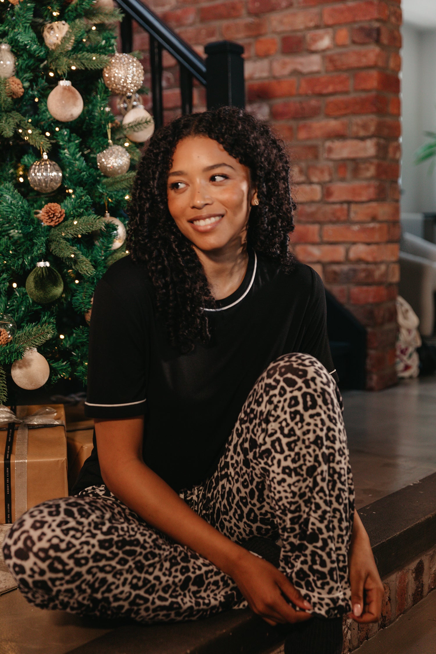 Bamboo Tee and Trouser Set in Black / Luxe Leopard